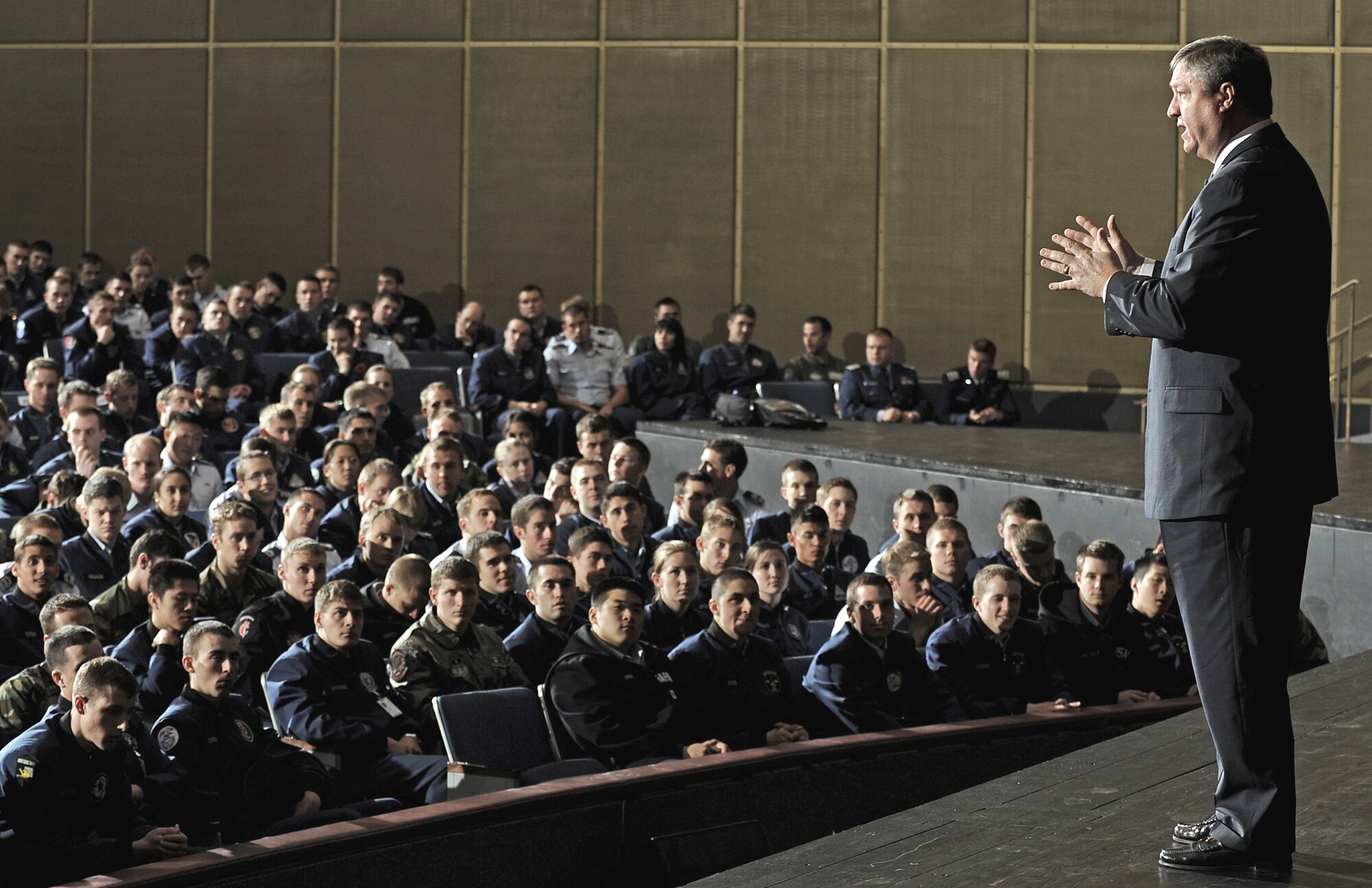 Secretary of the Air Force Michael B. Donley briefs the U.S. Air Force Academy cadet wing during a cadet call held at Arnold Hall April 3 at the Academy in Colorado. The secretary also answered cadet's questions that ranged in issues from the plans for a new unmanned aircraft system careerfield to impacts the increased deployments to Afghanistan will have on the Air Force. (U.S. Air Force photo/Mike Kaplan)
