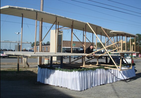 Cadets from SouthWest Edgecombe High School, N.C., Air Force Junior Reserve Officers' Training Corps detachment NC-945 built a replica of the Wright Flyer and spans the original dimensions of 18 feet by 40 feet. The cadets were inspired by a Curriculum in Action trip to the Wright Brothers Memorial in Kitty Hawk, N.C., and utilized more than 500 feet of pine and 420 feet of muslin in addition to numerous other materials. (Courtesy photo)