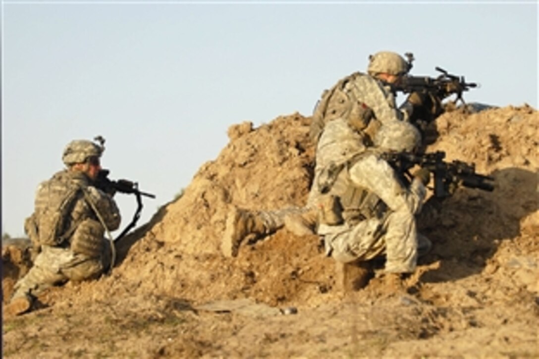 U.S. Army soldiers establish a fighting position behind cover in the early evening hours of an air-assault, live-fire exercise on Fort Bragg, N.C., April 3, 2009.