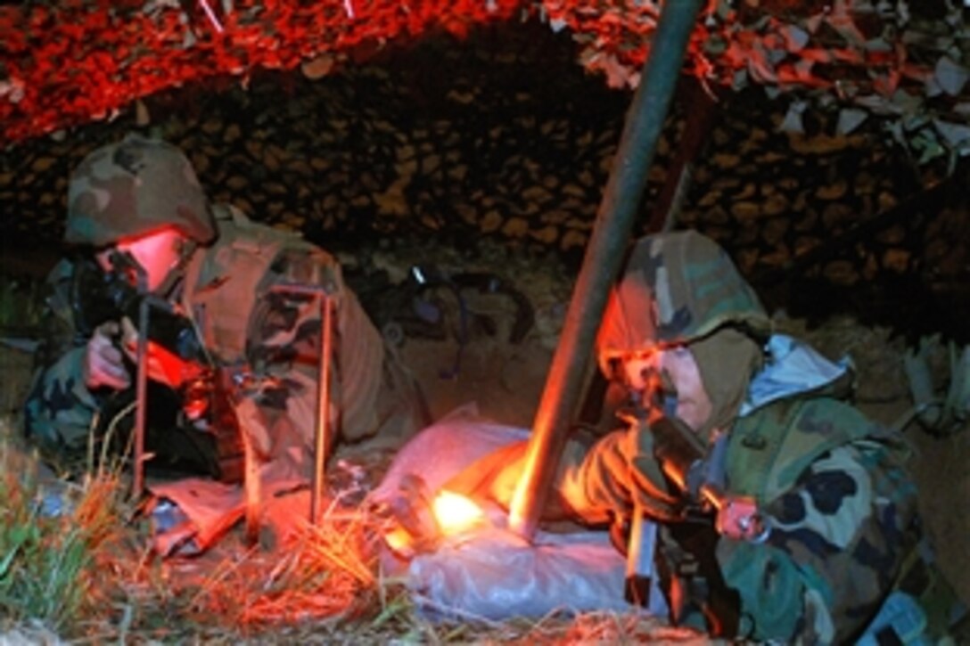 U.S. Navy  David Patrick, left, and Brandon Homan stand watch inside a fighting position during a tactical field exercise on Camp Pendleton, Calif., March 31, 2009. Patrick and Homan are assigned to the Amphibious Construction Battalion.