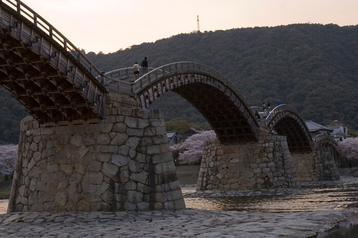 The Kintai Bridge as seen from its base. The form of the bridge was inspired by a village in China which has a series of islands connected by arched stone bridges.