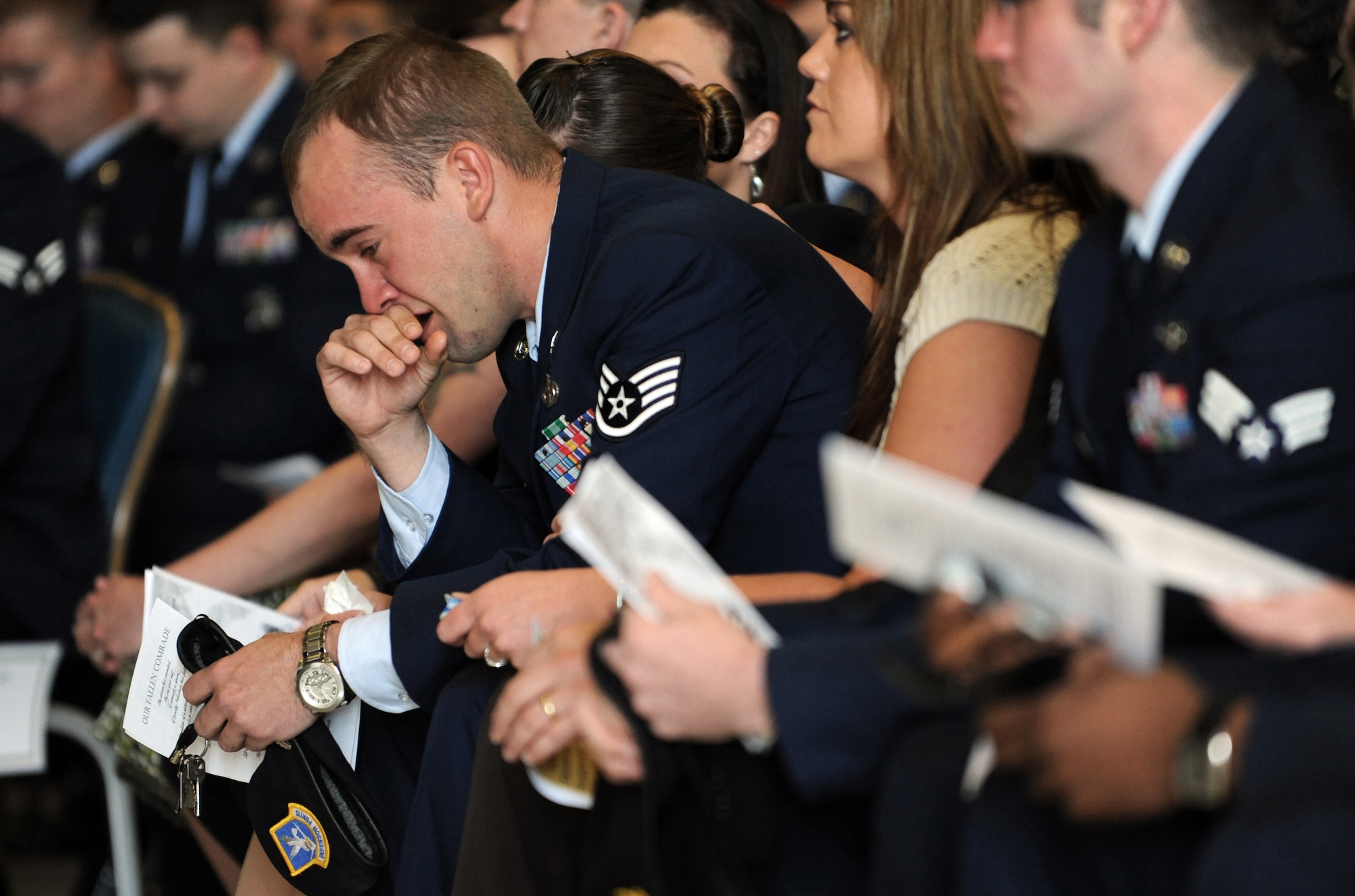 MOUNTAIN HOME AIR FORCE BASE, Idaho -- Gunfighters pause to remember Tech. Sgt. Donald P. Stachum during a memorial service held in Hangar 1333 April 9. Sergeant Stachum, who was a member of the 366th Security Forces Squadron, enlisted in the Air Force in 1994 was assigned to Mountain Home Air Force Base after completing basic military training and technical school. (U.S. Air Force photo/ Senior Airman Ryan Crane)