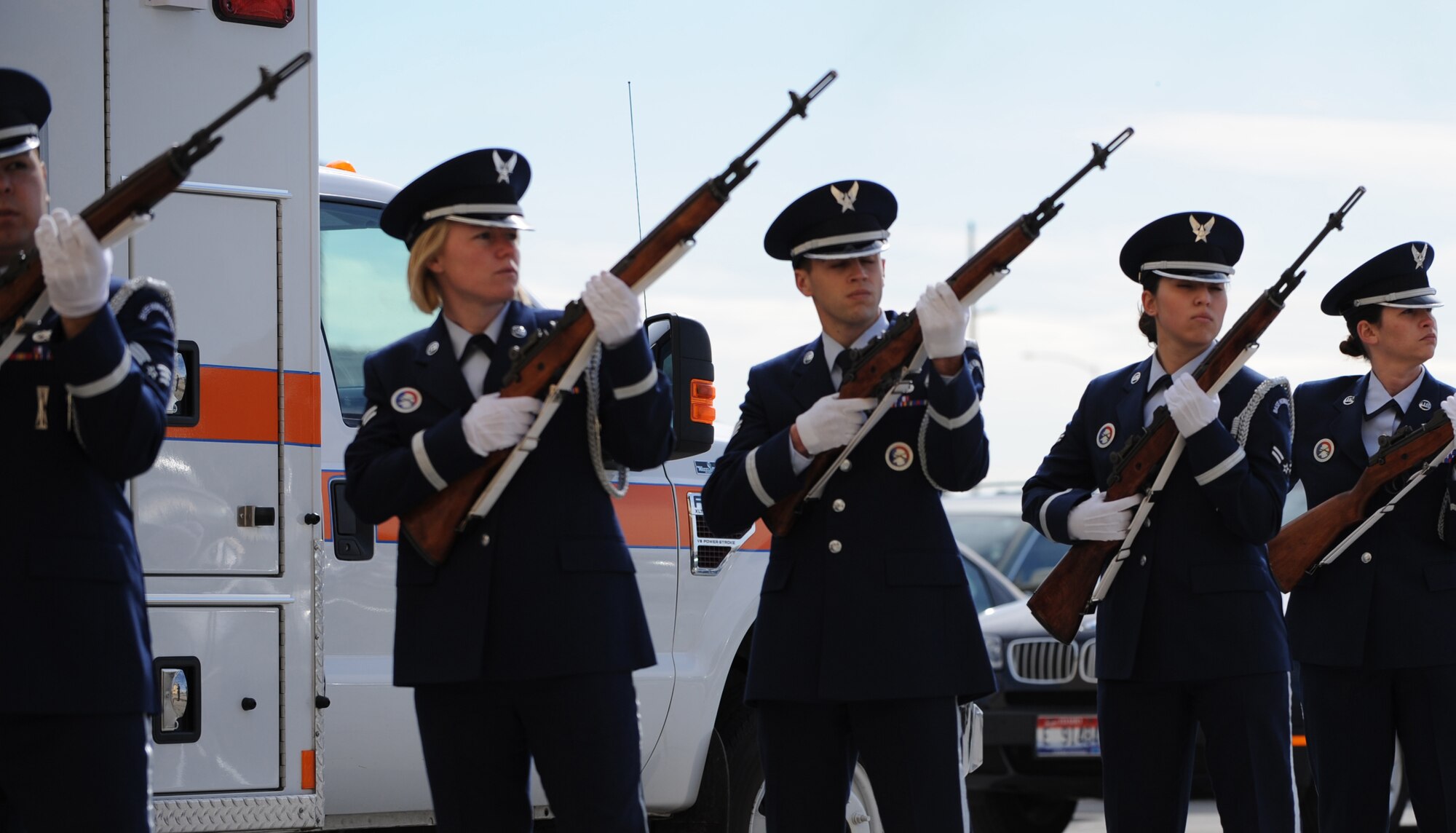 MOUNTAIN HOME AIR FORCE BASE, Idaho -- Base honor guard members render a 21-gun salute in remembrance of Tech. Sgt. Donald P. Stachum during a memorial service held in Hangar 1333 April 9. Sergeant Stachum, who was a member of the 366th Security Forces Squadron, enlisted in the Air Force in 1994 was assigned to Mountain Home Air Force Base after completing basic military training and technical school. (U.S. Air Force photo/ Senior Airman Ryan Crane)