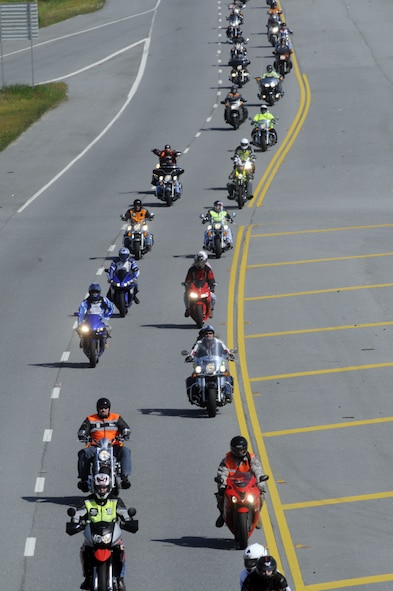 Robin's See Me, Save Me motorcycle safety campaign kicked off in 2008 with great success. The effort continued Thursday, with the second See Me, Save Me Motorcycle Safety Awareness Ride. More that 100 riders participated in the ride, which after a tour through the base under escort by 78th Security Forces, the bikes headed out into the city for a ride before ending at the Museum of Aviation. The purpose of the ride was to promote motorcycle awareness to other motorists so that they might make an extra effort to look for motorcycles on the highway. U. S. Air Force photo by Sue Sapp
