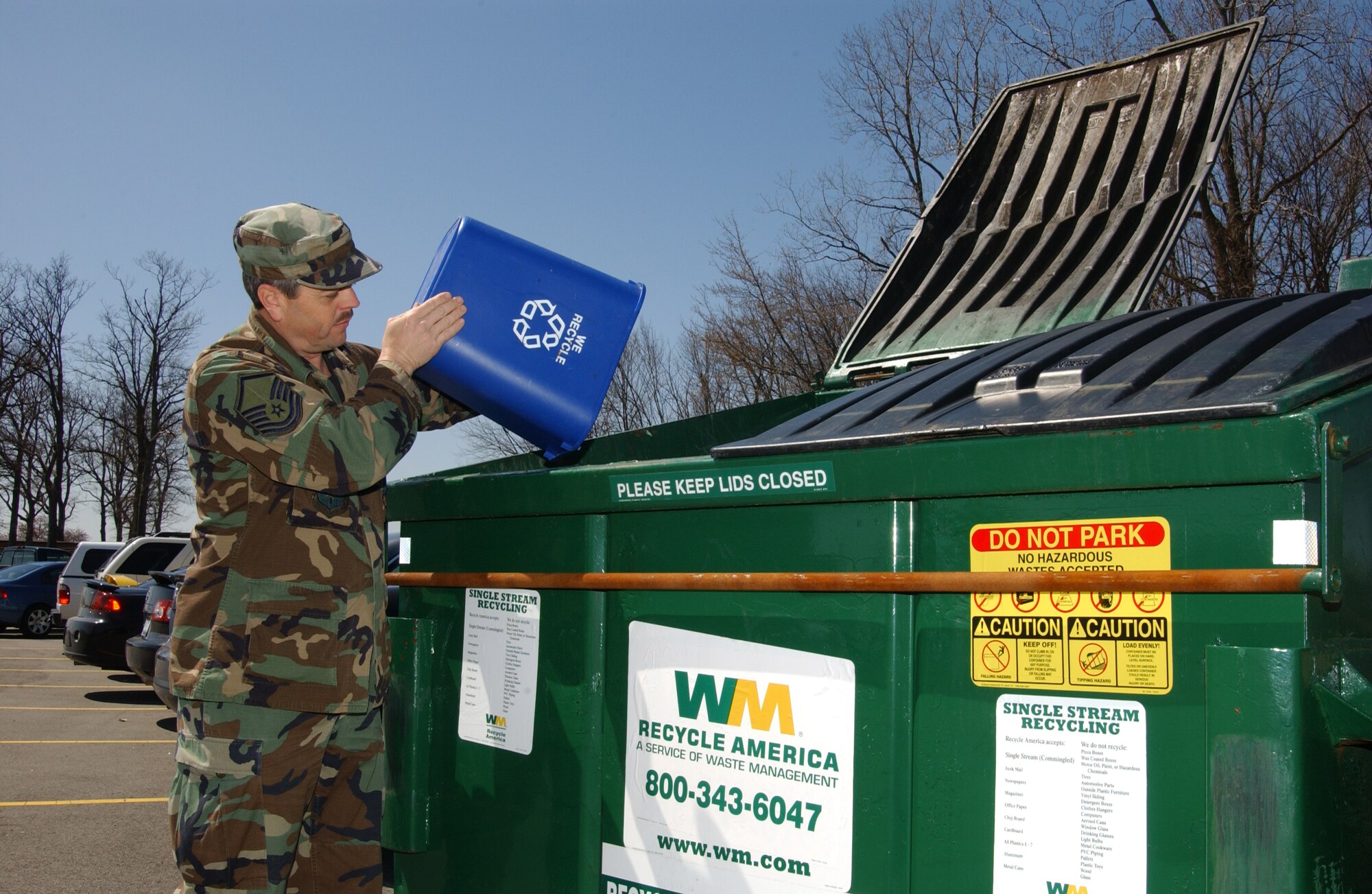 Guardsmen at Springfield Air National Guard Base embrace the recycling
program. Trash dumpsters are being filled more slowly and recycle
dumpsters more quickly.