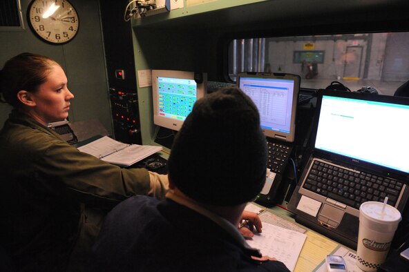 Staff Sgts. Emily Thompson and Douglas Rath, 4th Component Maintenance Squadron, watch engine monitors in the hush house at Seymour Johnson Air Force Base, N.C., April 7, 2009. The monitors provide information on the engine‘s sensors, pressure, and temperature. (U.S. Air Force photo by Airman 1st Class Whitney S. Lambert) 
