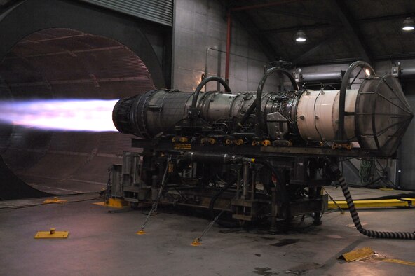 A jet engine runs at full power in the hush house at Seymour Johnson Air Force Base, N.C., April 7, 2009. The engine, in operation since 1985, can produce 23,770 pounds of thrust at maximum power and can be used in the F-16 Falcon and the F-15 Strike Eagle. (U.S. Air Force photo by Airman 1st Class Whitney S. Lambert) 