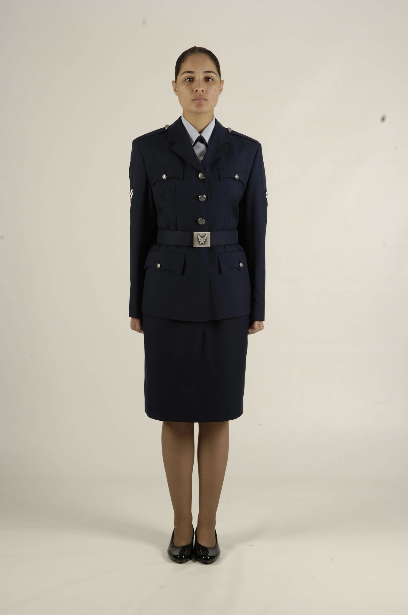 Officer and enlisted male and female participants wear-tested three variant issue designs of the proposed Heritage Coat. The differences between the coats were a fabric belt and slide buckle, the honor guard style belt and buckle, and the four-button, no belt style. (U.S. Air Force photo)