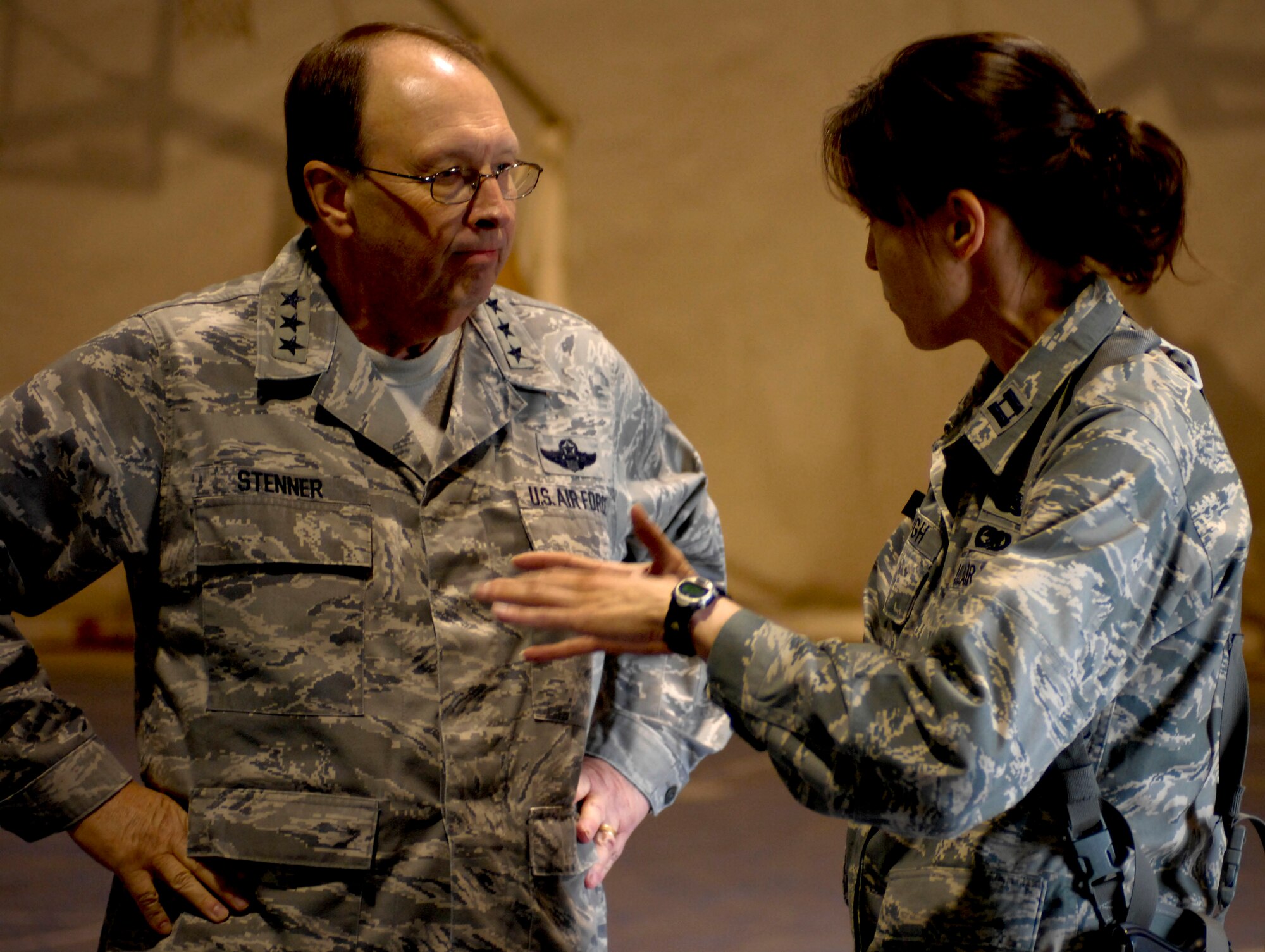Lt. Gen. Charles Stenner Jr., Chief of Air Reserve Headquarters, U.S. Air Force Reserve in Washington. speaks to Capt. Leisa Hough, 455th Expeditionary Logistics Readiness Squadron at Bagram Air Field, Afganistan, April 7. He is visiting bases throughout the theater to speak with Airmen.(U.S. Air Force/ Senior Airman Erik Cardenas)(Released)  