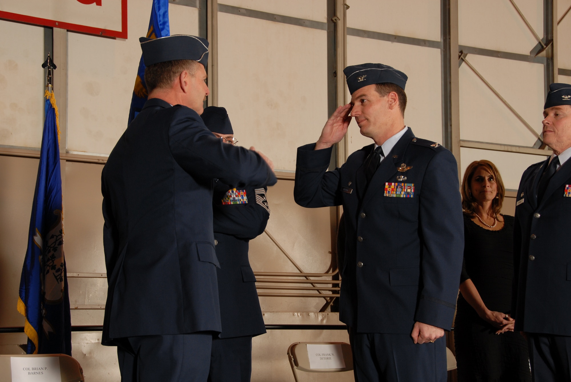 Col. Frank Detorie returns a salute from Brig. Gen. Daniel L. Peabody during a change of command ceremony at Bradley ANG Base, East Granby, Conn. March 8, 2009.  (U.S. Air Force Photo by Staff Sgt. Erin McNamara)
