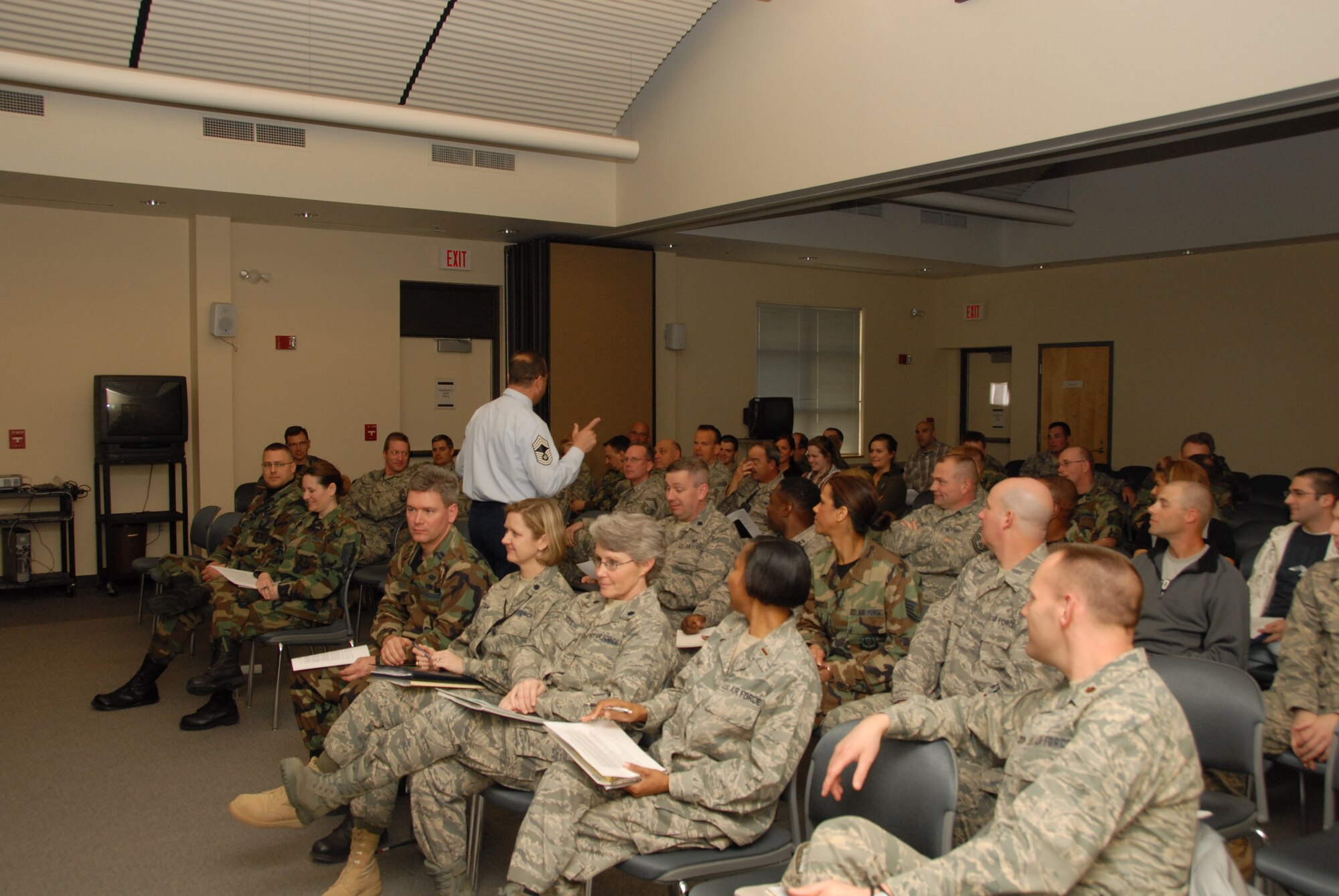 Chief Master Sgt. Charles Fernandez, New York Air National Guard Human Resource Advisor fields questions during a diversity presentation at Hancock Field Air National Guard Base, Syracuse, NY.