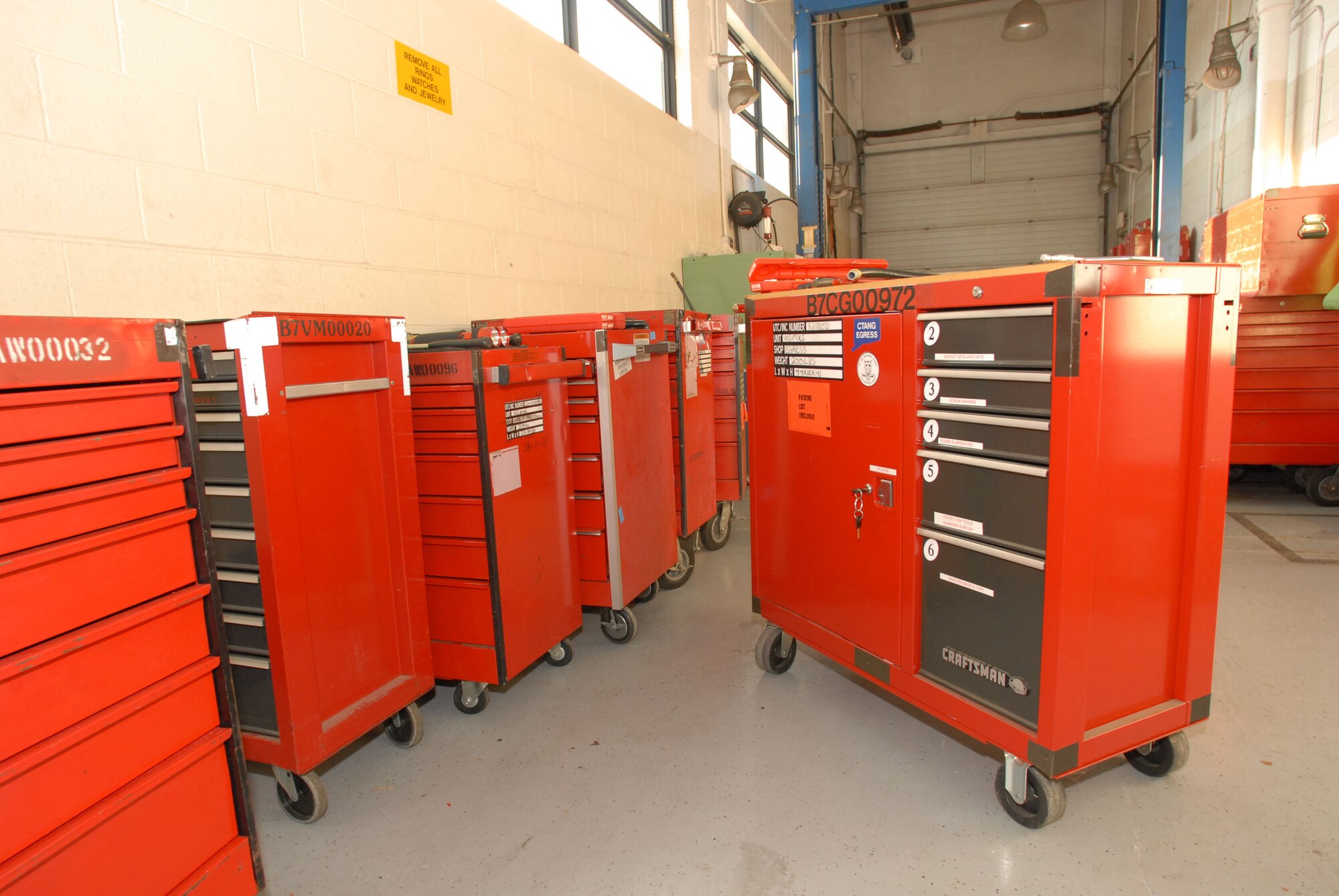 The number of tool bins being donated from the 103rd AW to the Connecticut State Department of Education Technical High School System was enough to fill the mechanic’s bay in the AGE building at Bradley Air National Guard Base, East Granby, Conn.  (U.S. Air Force photo by Staff Sgt. Erin McNamara) 