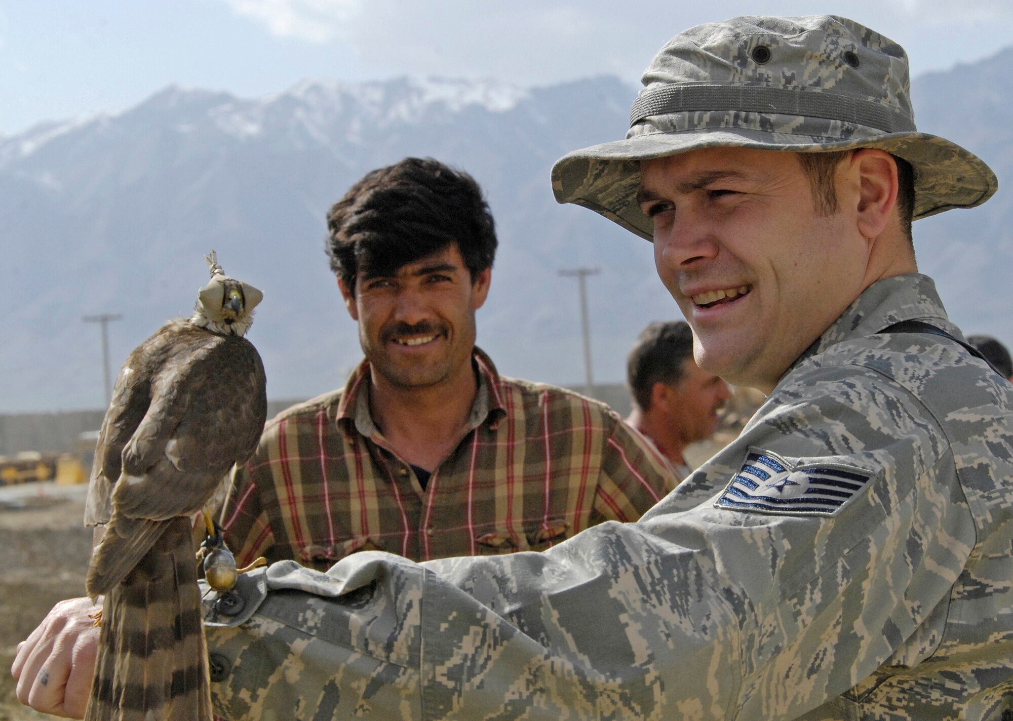 Tech. Sgt. Shane Sweeney, 455th Air Expeditionary Wing weapons safety, holds out a falcon trained by a local Afghan falconer to catch much larger black kite birds that have infested areas near Bagram Air Field's flightline. The falcon's feet are rigged with snare traps so that when the larger kite bird attacks it gets tangled with the falcon and falls to the ground. The 455th AEW safety office hired three local falconers to supplement an aggressive Bird Aircraft Strike Hazard program to reduce the number of bird strikes here.