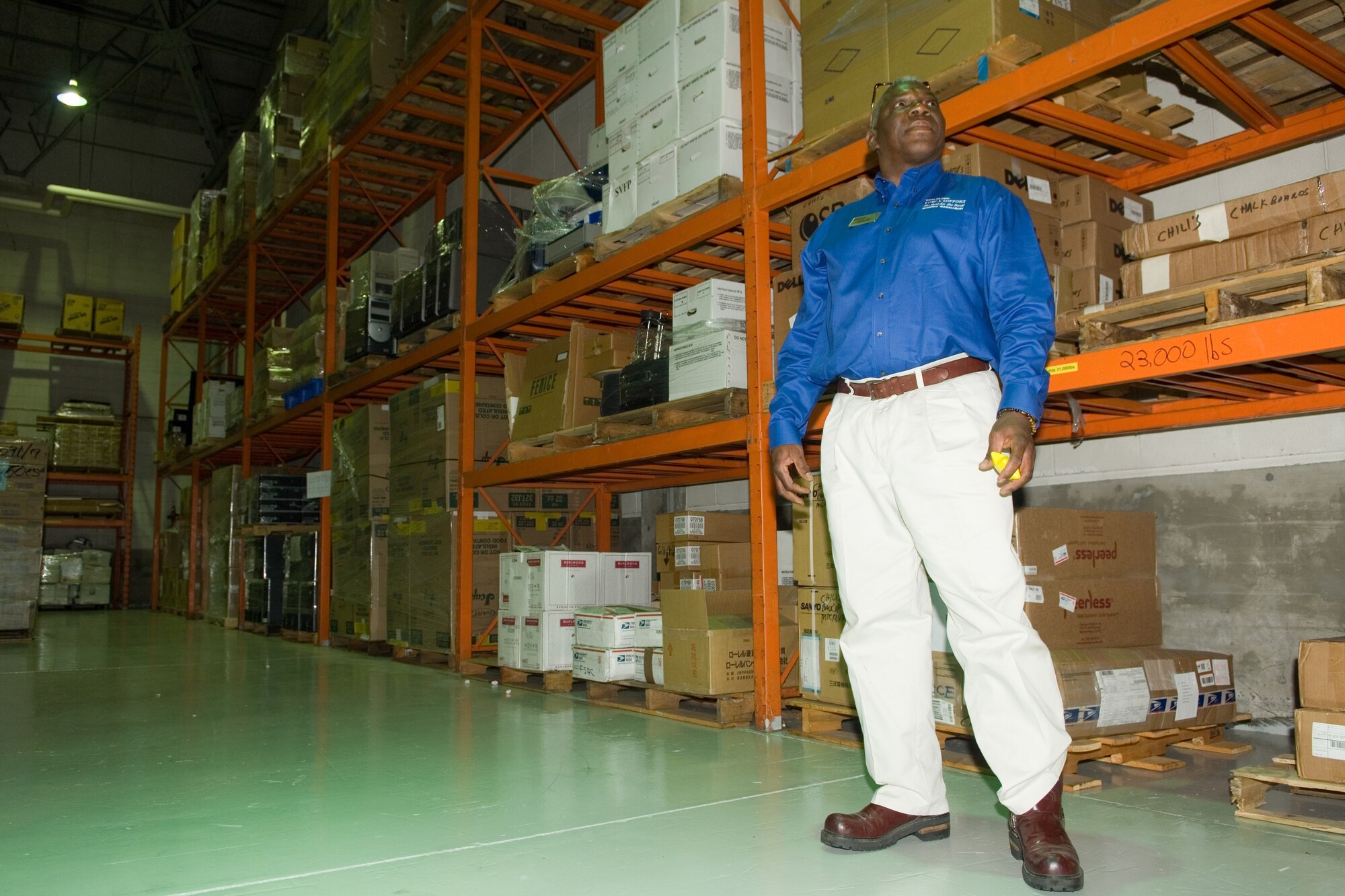 YOKOTA AIR BASE, Japan -- Preston Lofton, 374th Force Support Squadron logistics supervisor, searches for supplies for a customer at a warehouse here, April 9. The Human Resource Flight is part of the 374th FSS which received the Air Force General Curtis E. LeMay Award recognizing the best FSS for 2008. The LeMay is an annual award for the best FSS throughout the Air Force. (U.S. Air Force photo/Osakabe Yasuo)