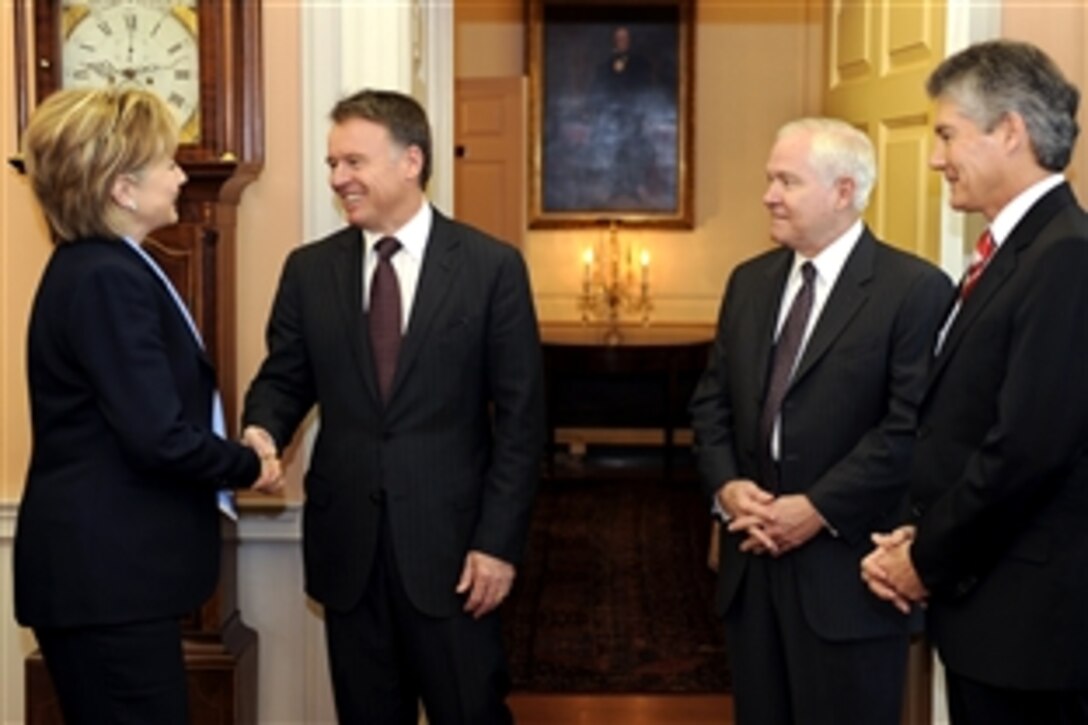 Left to right: U.S. Secretary of State Hillary Clinton welcomes Australian Defense Minister Joel Fitzgibbon, U.S. Defense Secretary Robert M. Gates and Australian Minister for Foreign Affairs Stephen Smith to the U.S. State Department during the Australian Ministerial, April 9, 2009.