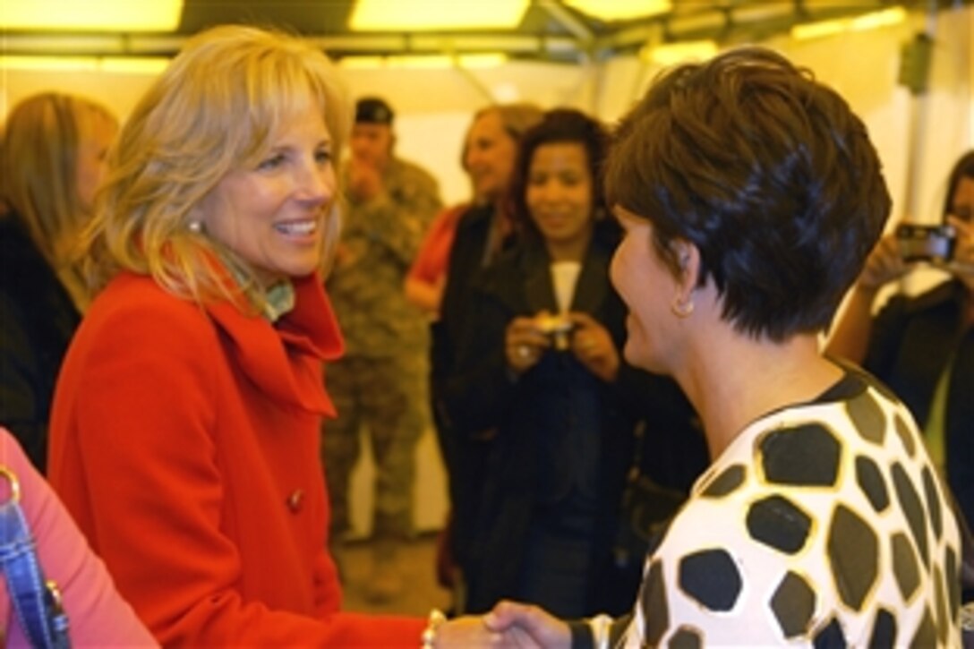 Jill Biden, wife of Vice President Joe Biden, meets with wives of recently redeployed XVIII Airborne Corps soldiers, April 8, 2009, at the XVIII Airborne Corps Parade Grounds at Fort Bragg, N.C. 