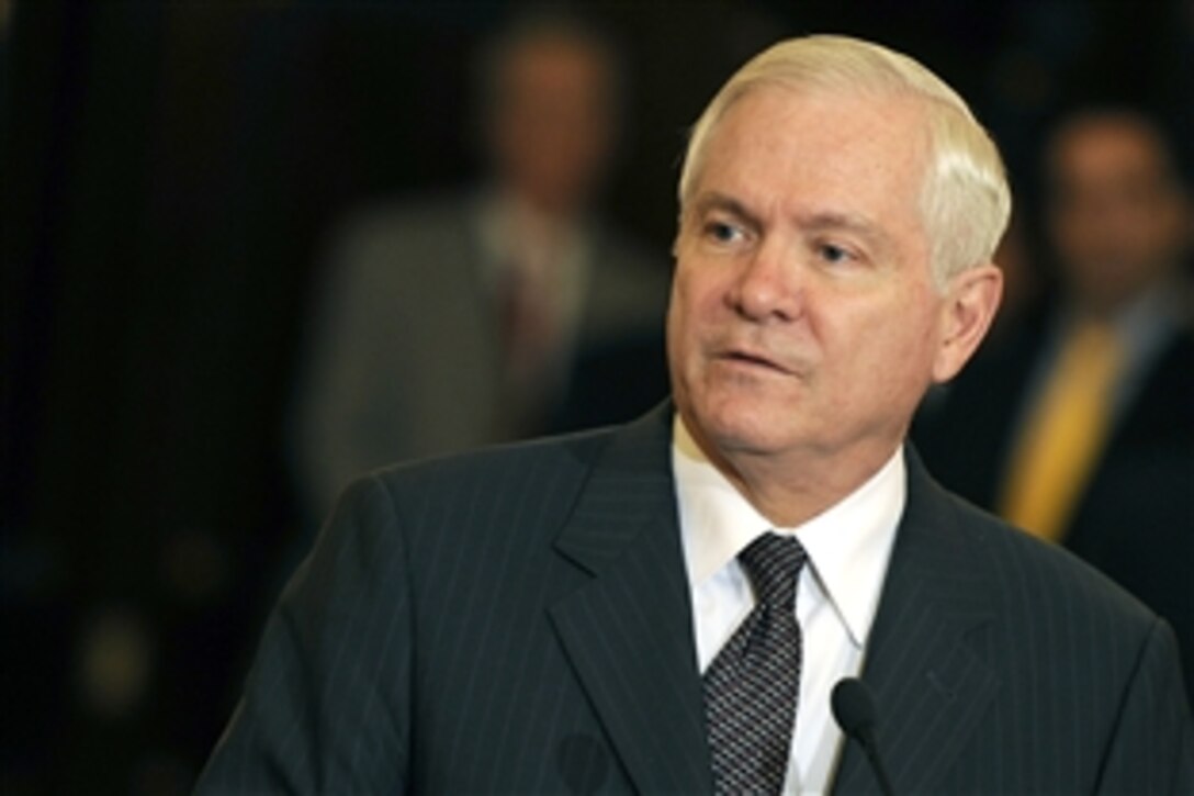 Defense Secretary Robert M. Gates  answers questions during a press briefing at the State Department during the Australian Ministerial held there, April 9, 2009. 