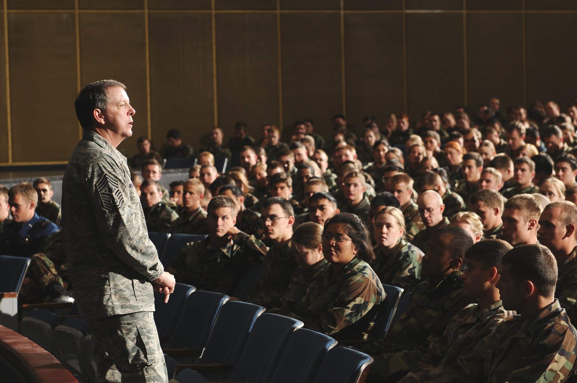 Chief Master Sgt. of the Air Force Rodney McKinley talks with the 2009 graduating class during his visit to the U.S. Air Force Academy in Colorado Springs, Colo., April 3. Chief McKinley, the 15th Airman to hold the Air Force's top enlisted position, visited in part to provide a senior enlisted perspective to senior cadets and cadet candidates at the Air Force Academy Preparatory School. (U.S. Air Force photo/Tech. Sgt. Christopher DeWitt)