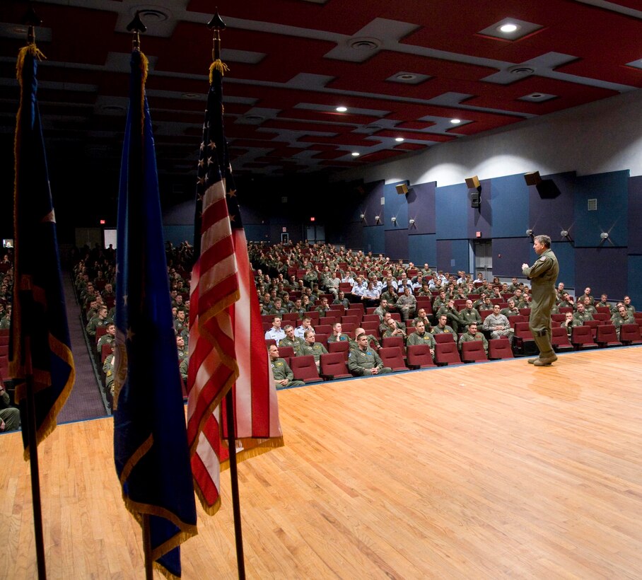 Maj. Gen. Gregory Feest, 19th Air Force commander, talks to pilots from the 80th Flying Training Wing April 7 during a Pilots Call. The general visited Sheppard April 7-9. (U.S. Air Force photo/Lt. Col. Ternell Washington)