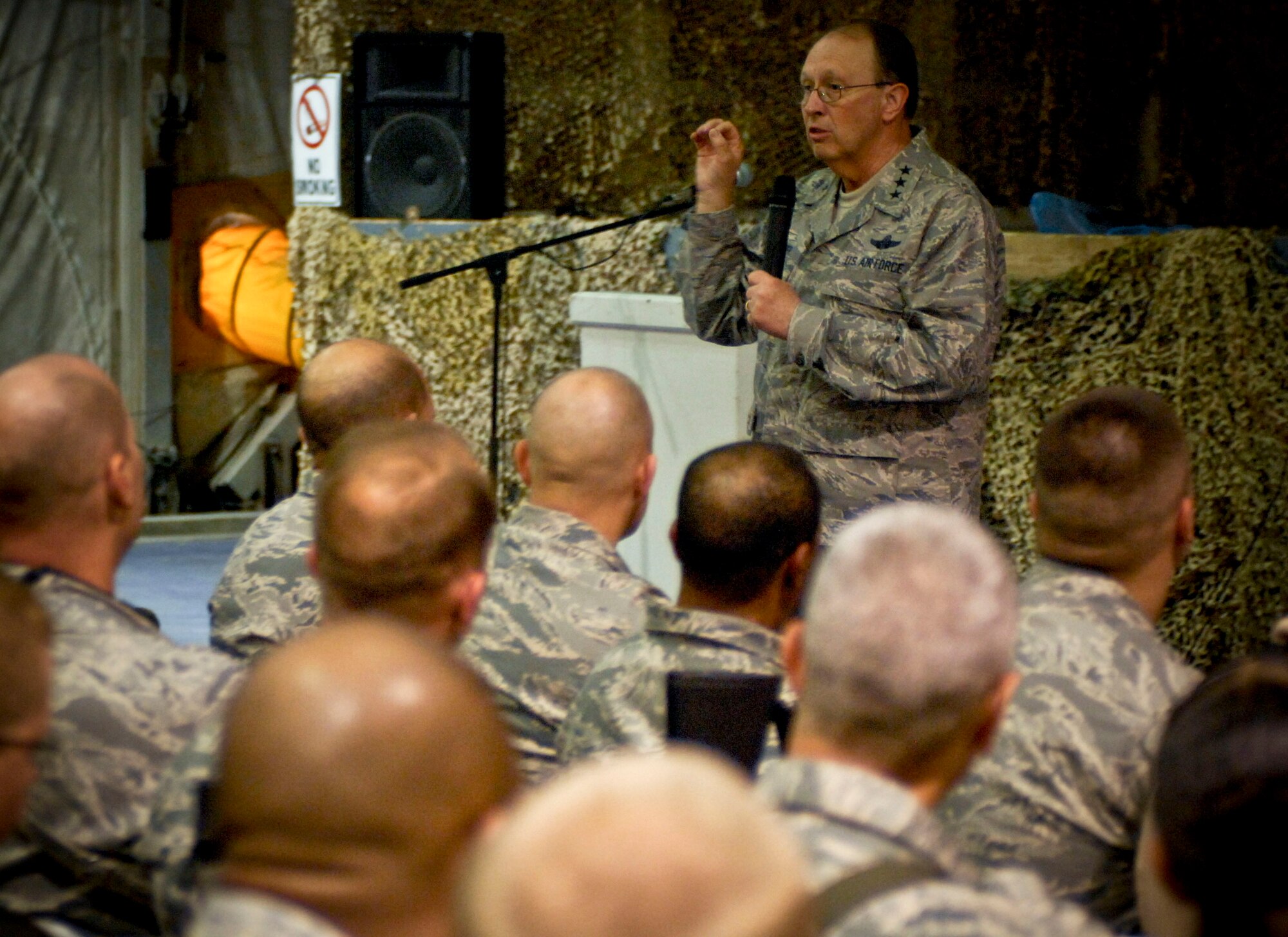 Lt. Gen. Charles Stenner Jr., commander of Air Force Reserve Command and chief of the Air Force Reserve, speaks to Airmen at Bagram Airfield, Afghanistan, April 7 during a multi-base visit to the Air Forces Central area of responsibility. General Stenner spoke about the role of reservists in the theater. He is visiting the AOR to speak with Airmen and listen to their concerns.  (U.S. Air Force photo/ Senior Airman Erik Cardenas)