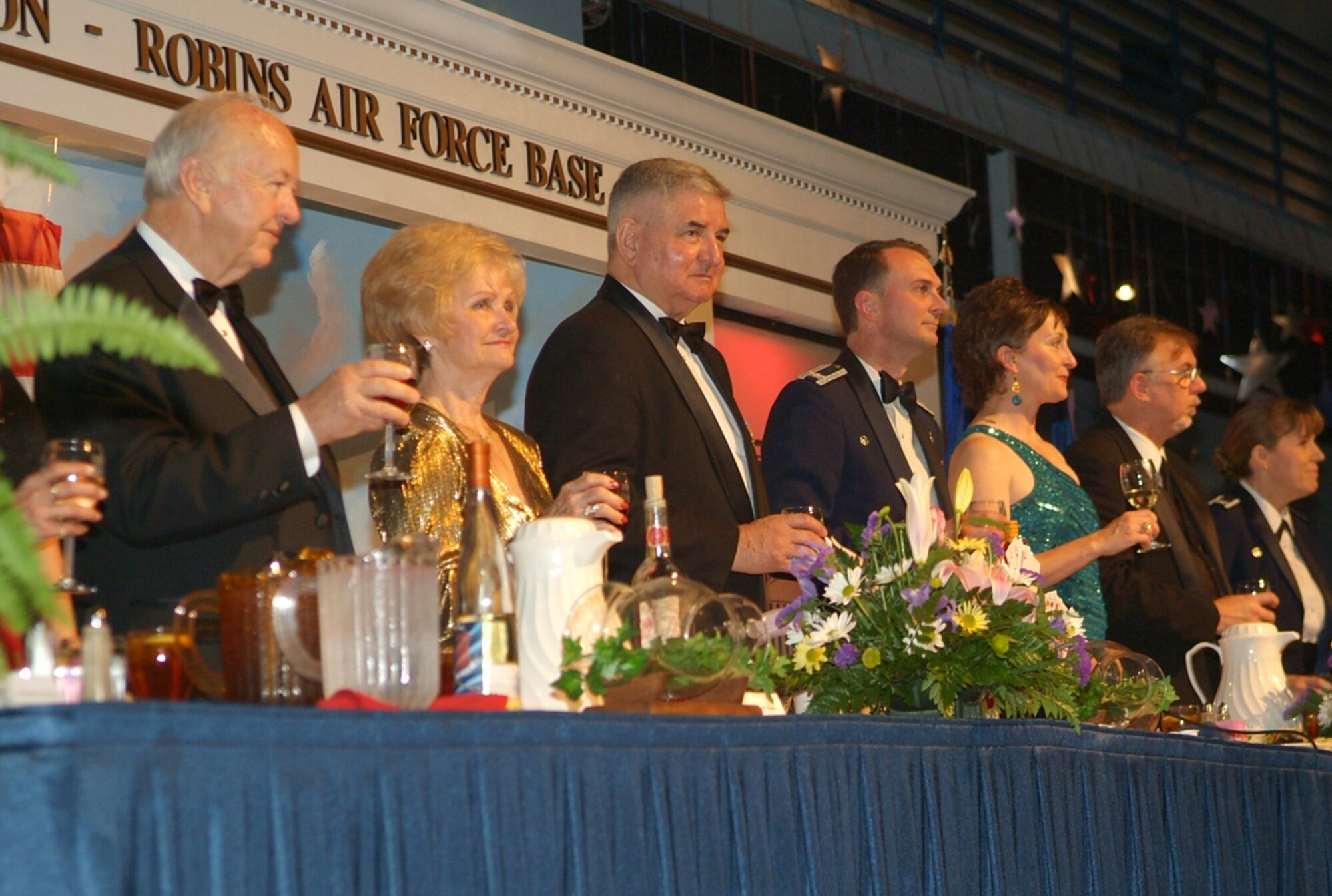 Gen. (ret.) Ronald Fogleman,center, former U.S.?Air Force chief of staff, served as guest speaker at the 78th Air Base Wing Dining Out April 3. U.S. Air Force photo by Gary Cutrell