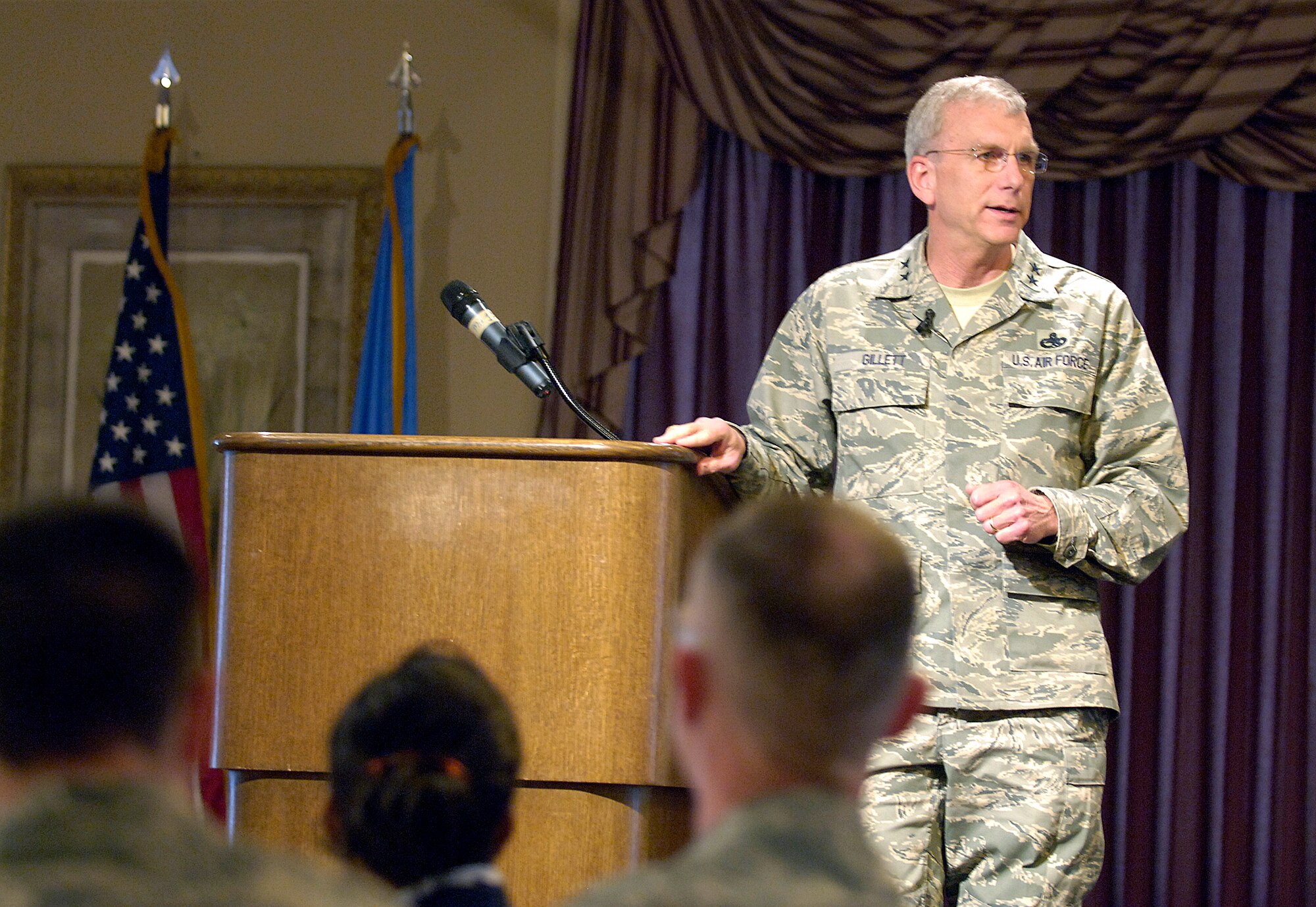 Maj. Gen. P. David Gillett Jr. addresses the crowd at the Tinker Management Association luncheon during his first State of the ALC address April 2 at the Tinker Club. (Air Force photo/Margo Wright) 