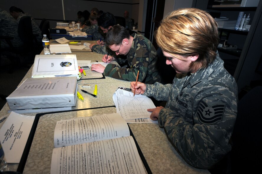 Students in the Mobility Operations School's Host Aviation Resource Management Course work on a class project during a class session April 7, 2009, in the center on Fort Dix, N.J.  Annually, more than 23,000 students graduate from Expeditionary Center courses through on-line courses and in classrooms at Fort Dix and at Hurlburt Field, Fla., and Scott Air Force Base, Ill.  (U.S. Air Force Photo/Tech. Sgt. Scott T. Sturkol) 