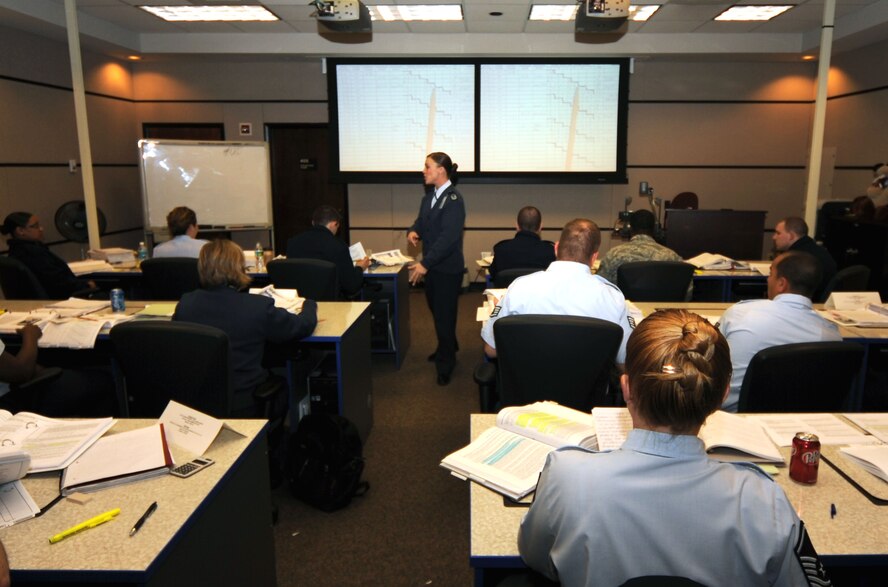 Master Sgt. Jennifer Mastan, from the U.S. Air Force Expeditionary Center's Mobility Operations School, talks to her students in the Host Aviation Resource Management Course during a class session April 6, 2009, in the center on Fort Dix, N.J.  Annually, more than 23,000 students graduate from Expeditionary Center courses through on-line courses and in classrooms at Fort Dix and at Hurlburt Field, Fla., and Scott Air Force Base, Ill.  (U.S. Air Force Photo/Tech. Sgt. Scott T. Sturkol) 