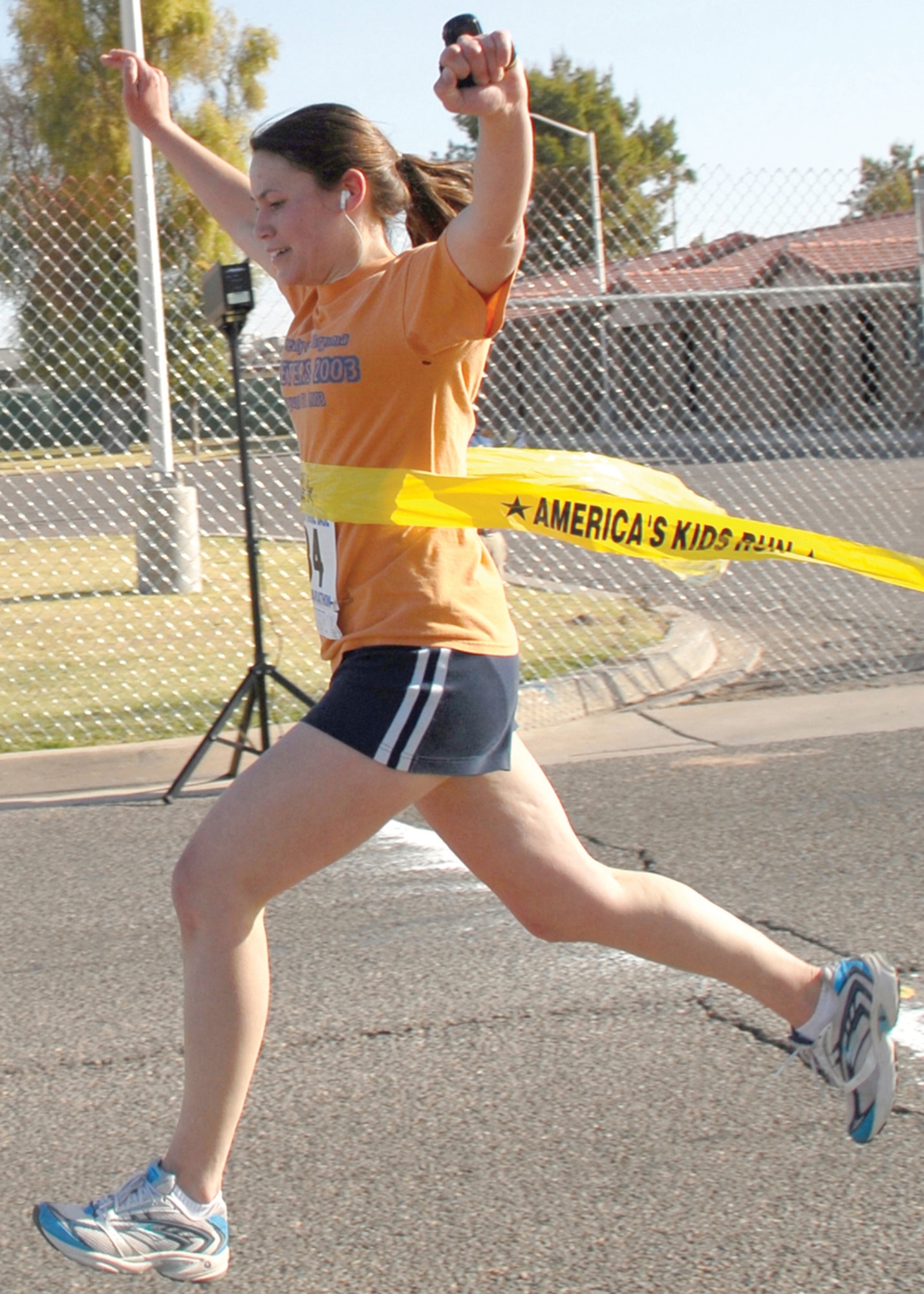 Second Lieutenant Sarah Hall, 56th Operations Support Squadron, deputy chief of intel operations, crossed the finish line after 1 hour 58minutes, becoming the first woman to finish the 13.2 mile half marathon held at the base fitness center, May 3, 2008. The next half marathon will be held May 2 as part of May fitness month. For more information on the upcoming fitness month events call the fitness center at (623) 856-6241. (U.S. Air Force photo/ Airman 1st Class Tracie Forte)
