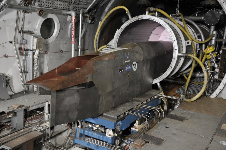 The Defense Advanced Research Projects Agency's Falcon Combined Cycle Engine was successfully ground tested April 9 for the first time in the Aerodynamic and Propulsion Test Unit at Arnold Engineering Development Center, Arnold Air Force Base, Tenn. (AF photo)