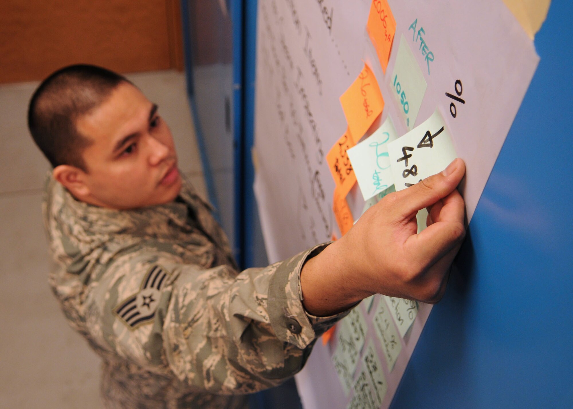 Staff Sgt. Daniel Dela-Cruz, a crew chief from the 100th Maintenance Squadron, updates the Air Force Smart Operation of the 21st Century board during recent changes to his support section April 8 at RAF Mildenhall. AFSO21’s mission is to provide warfighting capabilities more efficiently and effectively by working smarter and eliminating waste in operations. After completely reorganizing sergeant Dela-Cruz was able to decrease man hours spent inspecting tools by 24 percent from 790 hours annually to 604. (U.S. Air Force photo by Staff Sgt. Jerry Fleshman)