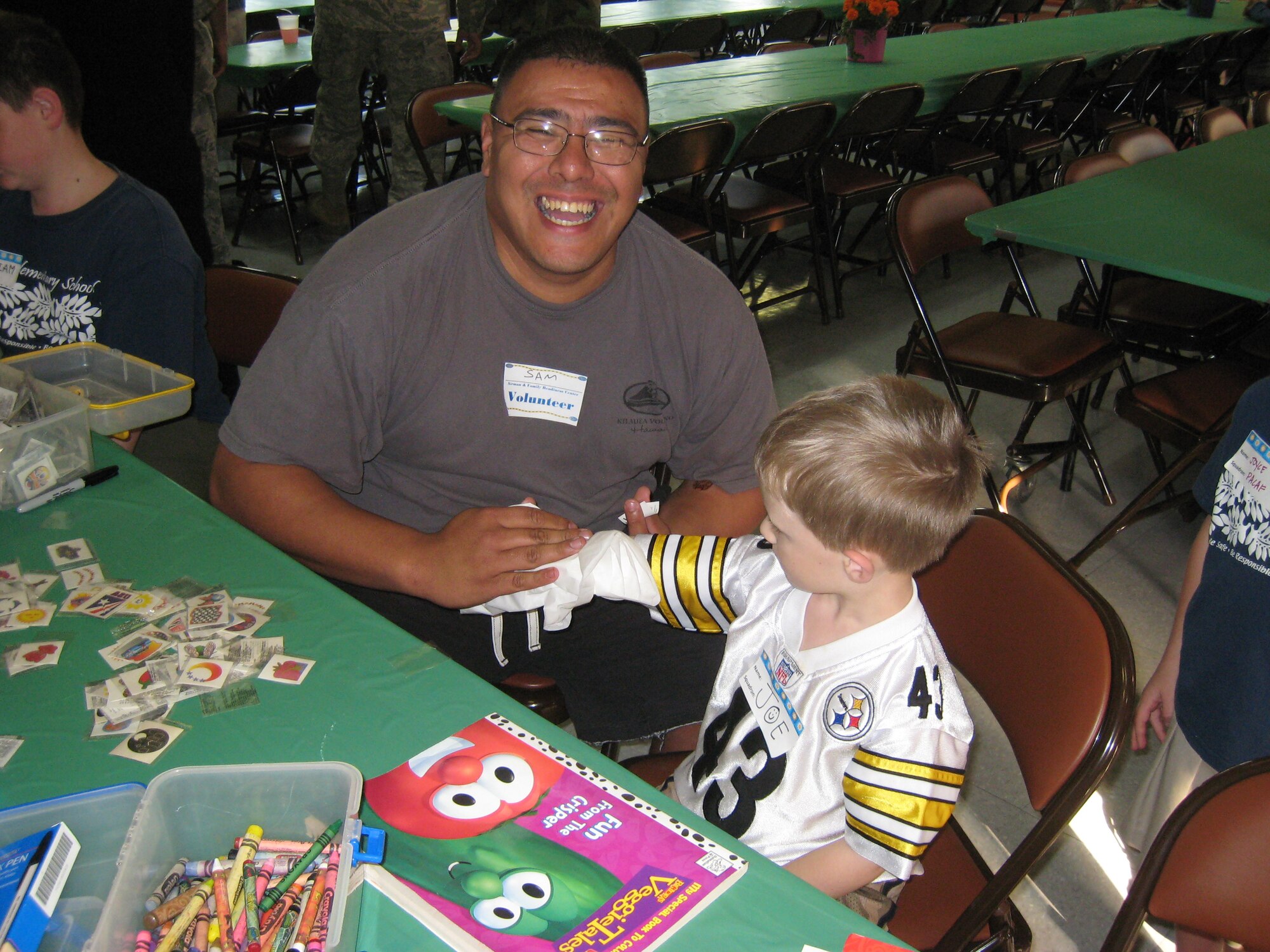 Staff Sgt. Sam DeCosta, a 624th Civil Engineer Squadron electrical journeyman, helps out a young man with a project at a dinner held in support of families who have deployed loved ones Feb. 26 at Nellis Chapel, Hickam Air Force Base. 

Sergeant DeCosta, one of several 624th Regional Support Group members at the dinner, appreciates what families go through during this challenging time having deployed himself.

"It was wonderful helping out and giving back to the Air Force community," he said. 
(Courtesy photo)
