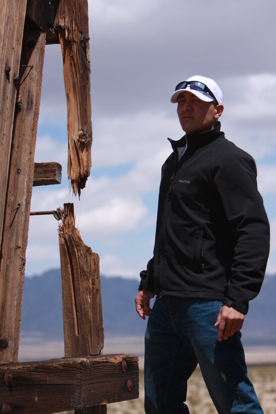 Lance Cpl. Aaron Kristopik, a paralegal clerk with the Combat Center’s Staff Judge Advocate, and a native of New Britain, Conn., walks through the ghost town known as Old Dale, Calif.