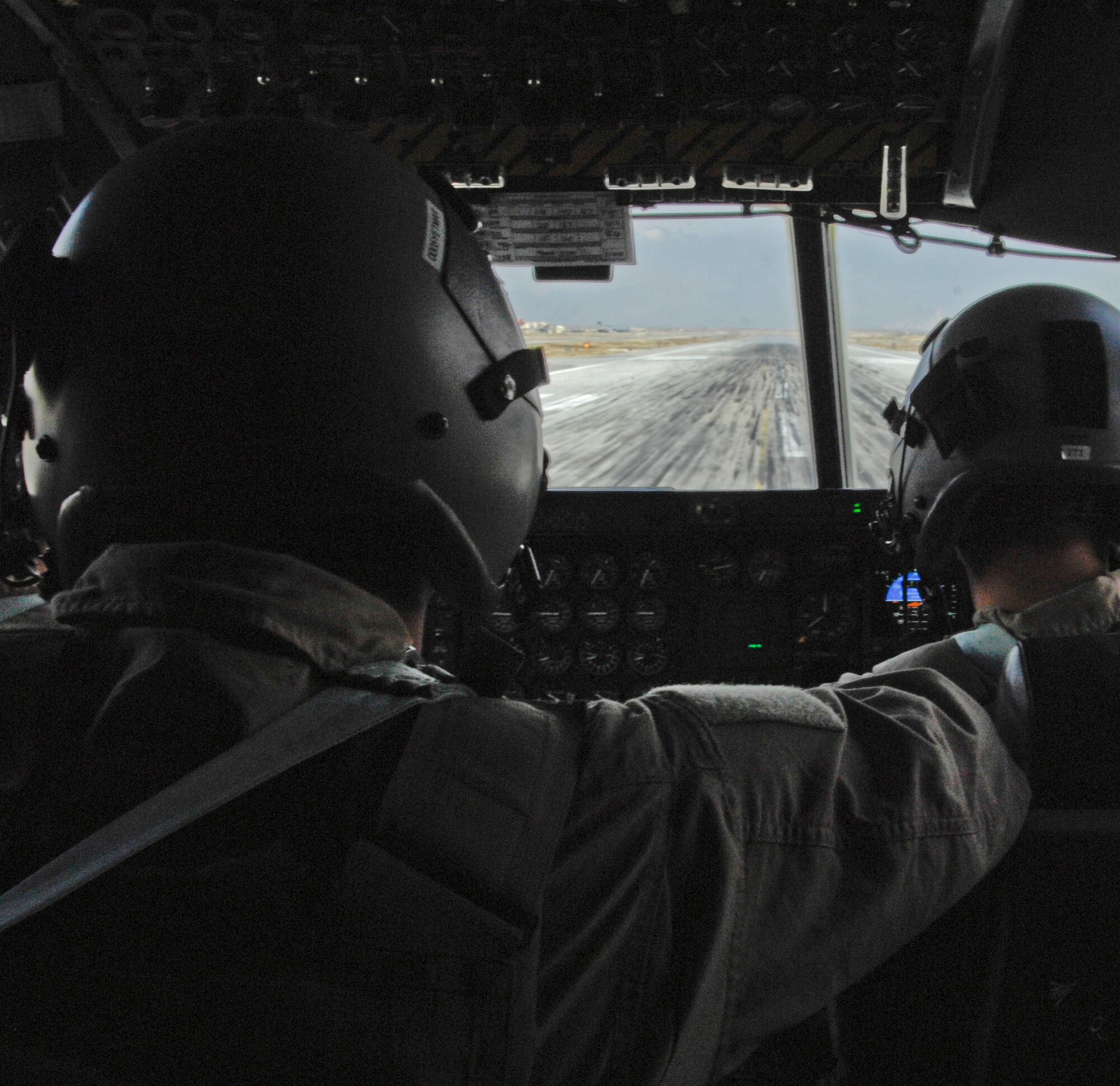 Aircrew from the 774th Expeditionary Airlift Squadron takes off at Bagram Air Field, Afghanistan, March 26. The flight was enroute to Manas Air Base, Kyrgyzstan for a medical evacuation. Members of the 455th Expeditionary Aeromedical Evacuation flight were on board to transport an Airman who injured himself at Manas. (U.S. Air Force photo/ Senior Airman Cardenas)(Released)