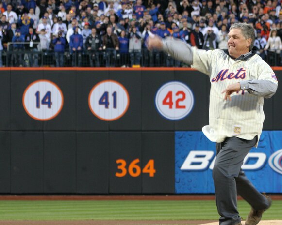 New York Mets Hall of Fame pitcher Tom Seaver threw the opening pitch to christen the new Citi Field at the team’s inaugural game. The former Marine Corps reservist’s pitch was caught by former Mets’ catcher Mike Piazza, April 13. Seaver’s jersey #42 was retired by the Mets in 1988. (Official U.S. Marine Corps Photo by Sgt. Randall A. Clinton)