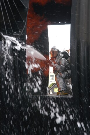 A fireman from Clark County Fire Department assigned to McCarran International Airport train at Nellis Air Force Base, Nev., April 1-3 to meet their required Federal Aviation Administration training. The training consists of putting out interior aircraft fires and exterior fires, such as wheel brake fires and engine fires. The Nellis fire department has hosted Clark County Fire Department for the past three years. This year 33 firemen from Clark County trained at Nellis. The training took place in the ‘burn pit,’ a mock aircraft skeleton used by firefighters here. (U.S. Air Force photo by Staff Sgt. Aileen Carter)

          