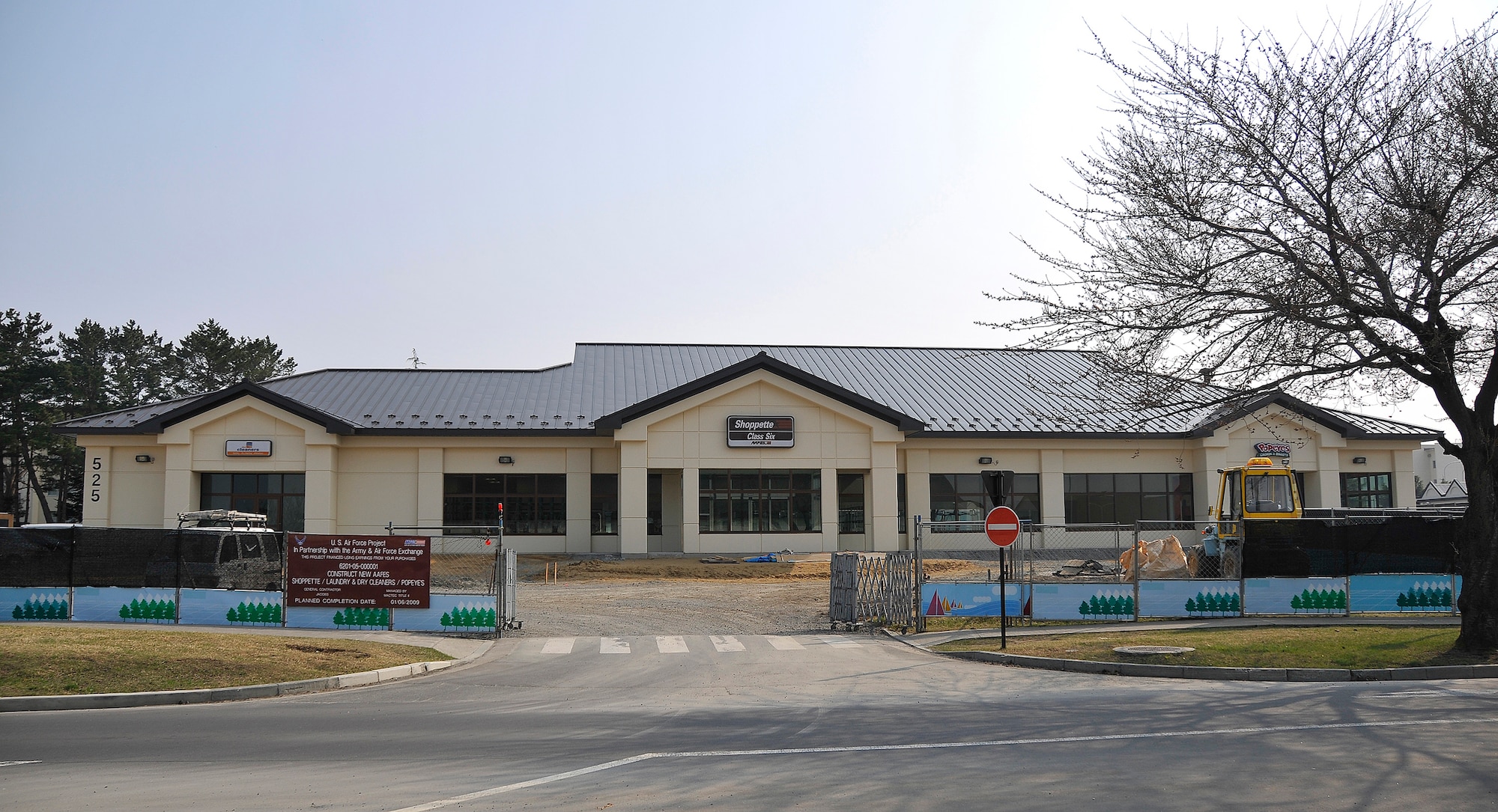 MISAWA AIR BASE, Japan -- Construction continues on the new shoppette April 13, 2009. The shoppette is scheduled to open June 1 and will feature a dry cleaners and Popeye's Chicken. (U.S. Air Force photo by Senior Airman Chad Strohmeyer) 