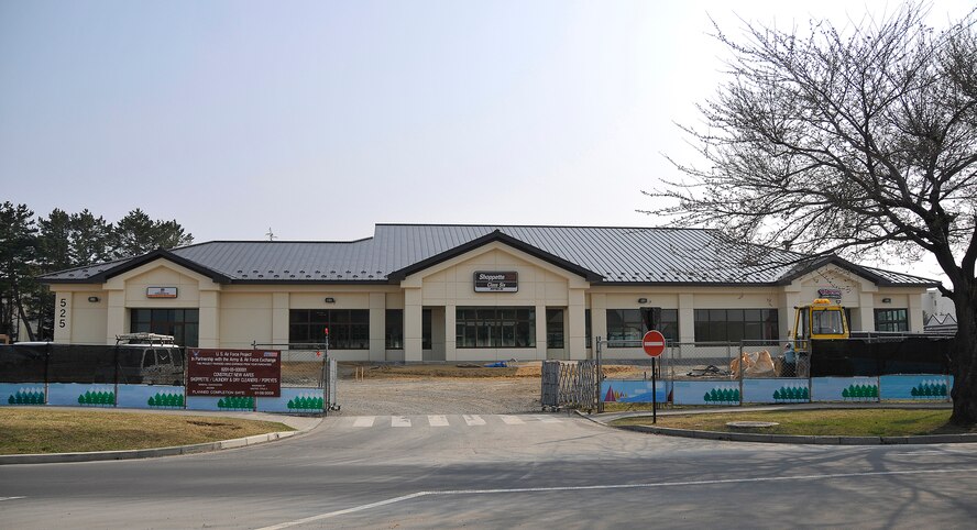 MISAWA AIR BASE, Japan -- Construction continues on the new shoppette April 13, 2009. The shoppette is scheduled to open June 1 and will feature a dry cleaners and Popeye's Chicken. (U.S. Air Force photo by Senior Airman Chad Strohmeyer) 