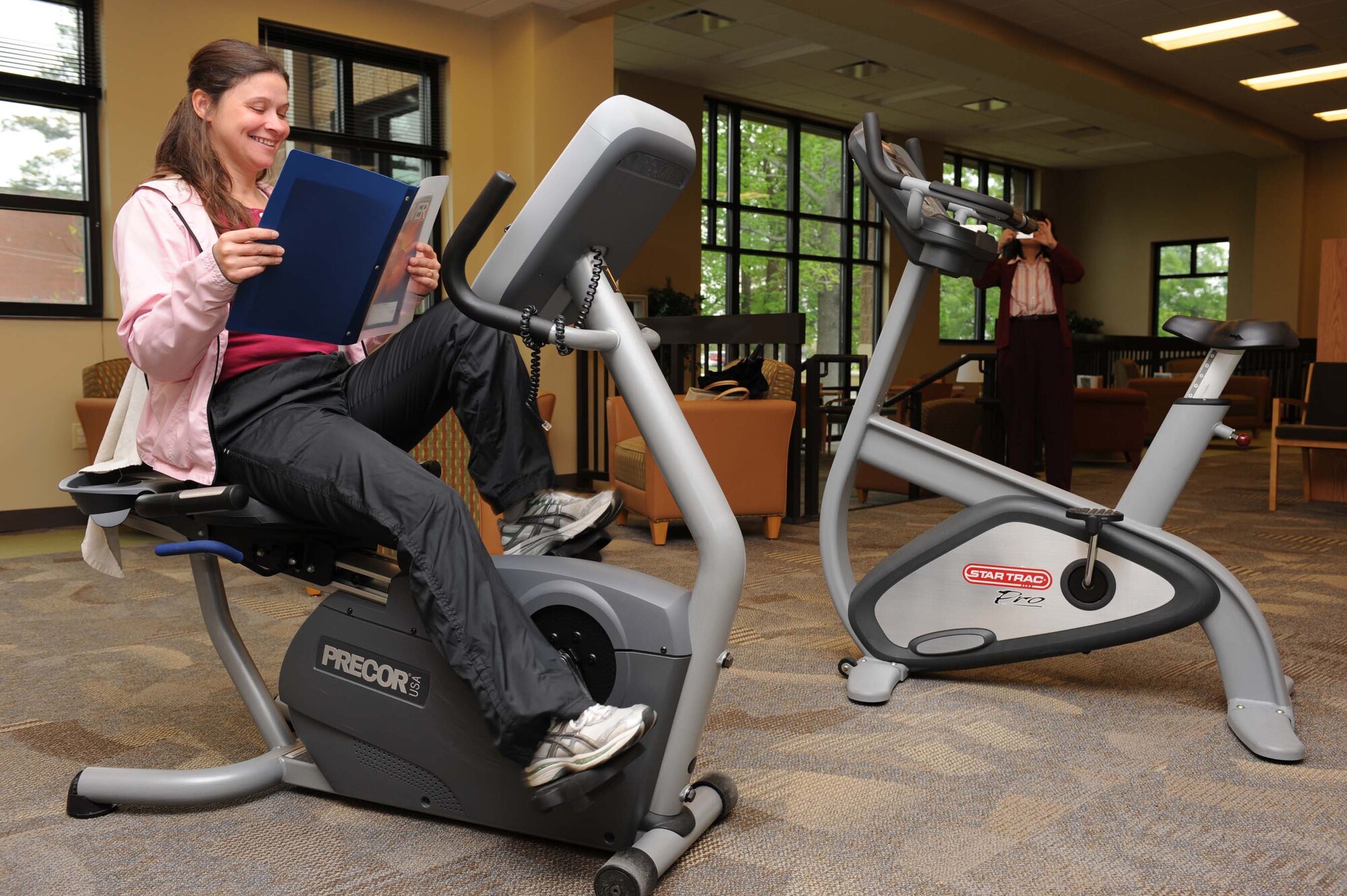 SHAW AIR FORCE BASE, S.C. -- Linda Brown, Shaw's McElveen Library aid, starts the first mile for an Air Force wide Fitness Cycle Throwdown competition April 13, 2009. The competition is between all Air Force libraries and promotes fitness throughout the base. (U.S. Air Force photo/Senior Airman Matt Davis)