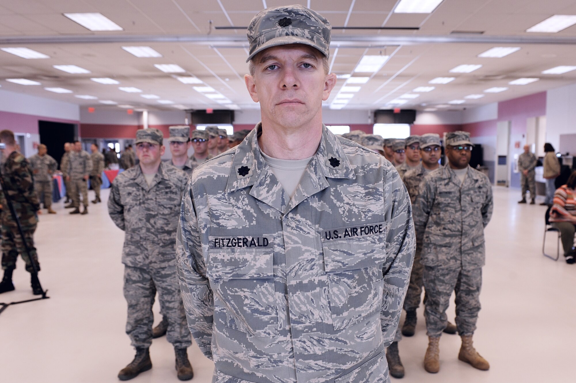 Lt. Col. Michael Fitzgerald, 354th Mission Support Group deputy commander, stands at ease in front of formation prior to the assumption of command ceremony April 7, 2009, Eielson Air Force Base, Alaska. During the ceremony Col. Karlton Johnson assumed command of the 354th MSG.  (U.S. Air Force photo/Senior Airman Jonathan Snyder)