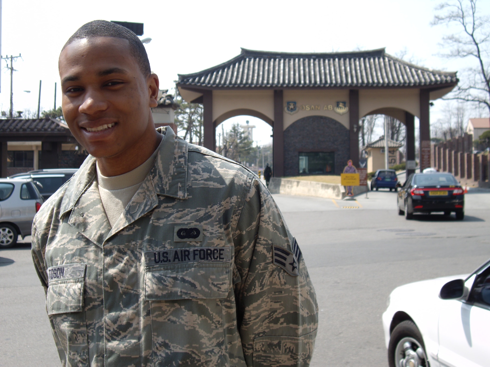 Senior Airman Antwon Toson won "Airman of the Year" for both Pacific Command
and Air Force Element (AFELM). At age 23 and assigned to Headquarters Air
Component Command in Korea, this means he's being recognized as the number
one enlisted airman of all members in the rank of Airman Basic, Airman,
Airman First Class and Senior Airman in the largest theater in the U.S. Air
Force. (Photo by Lt. Col. René White)  

