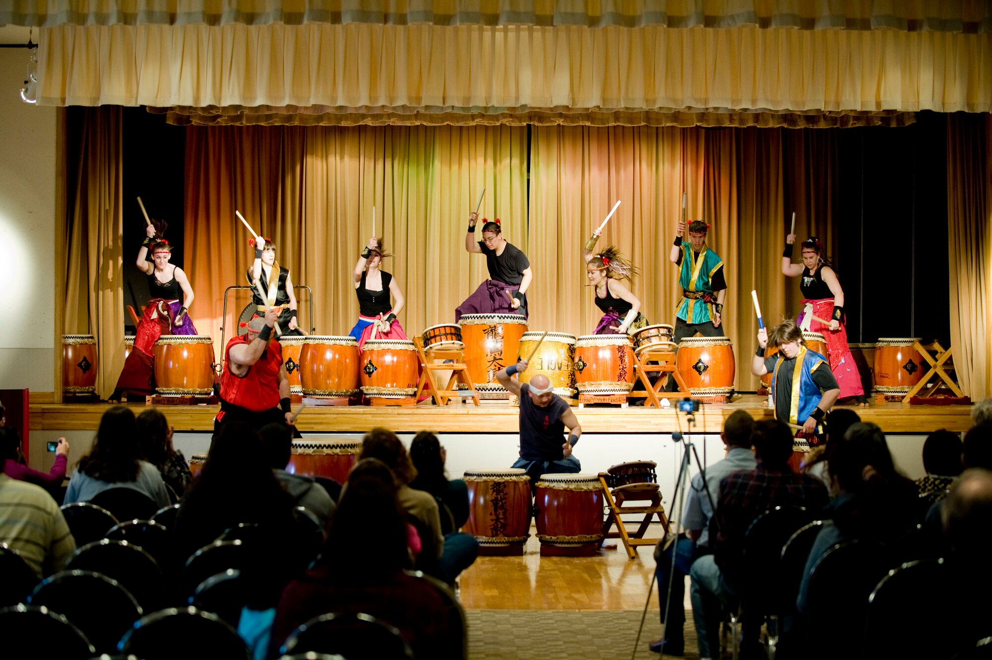 MISAWA AIR BASE, Japan -- The advanced group of the Dragon-Eagle Taiko team play their signature song "Aun" at the Mokuteki Community Center March 28, 2009. The piece served as the grand finale of the team's tenth annual performance. (U.S. Air Force photo by Staff Sgt. Samuel Morse)