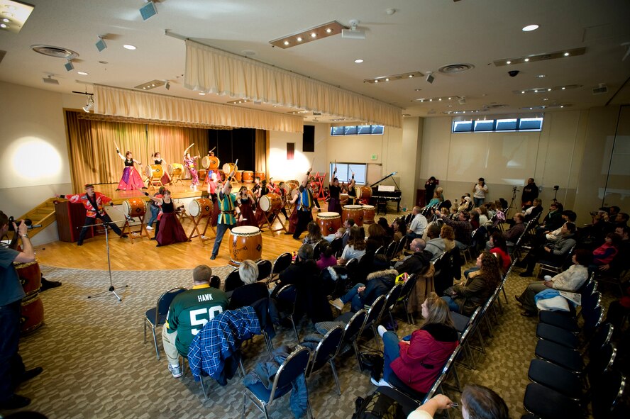 MISAWA AIR BASE, Japan -- The all-american Dragon-Eagle Taiko team plays "Taraku" at the Mokuteki Community Center March 28, 2009. Loosely translated, "Taraku" means "let's have fun playing taiko together."  (U.S. Air Force photo by Staff Sgt. Samuel Morse)