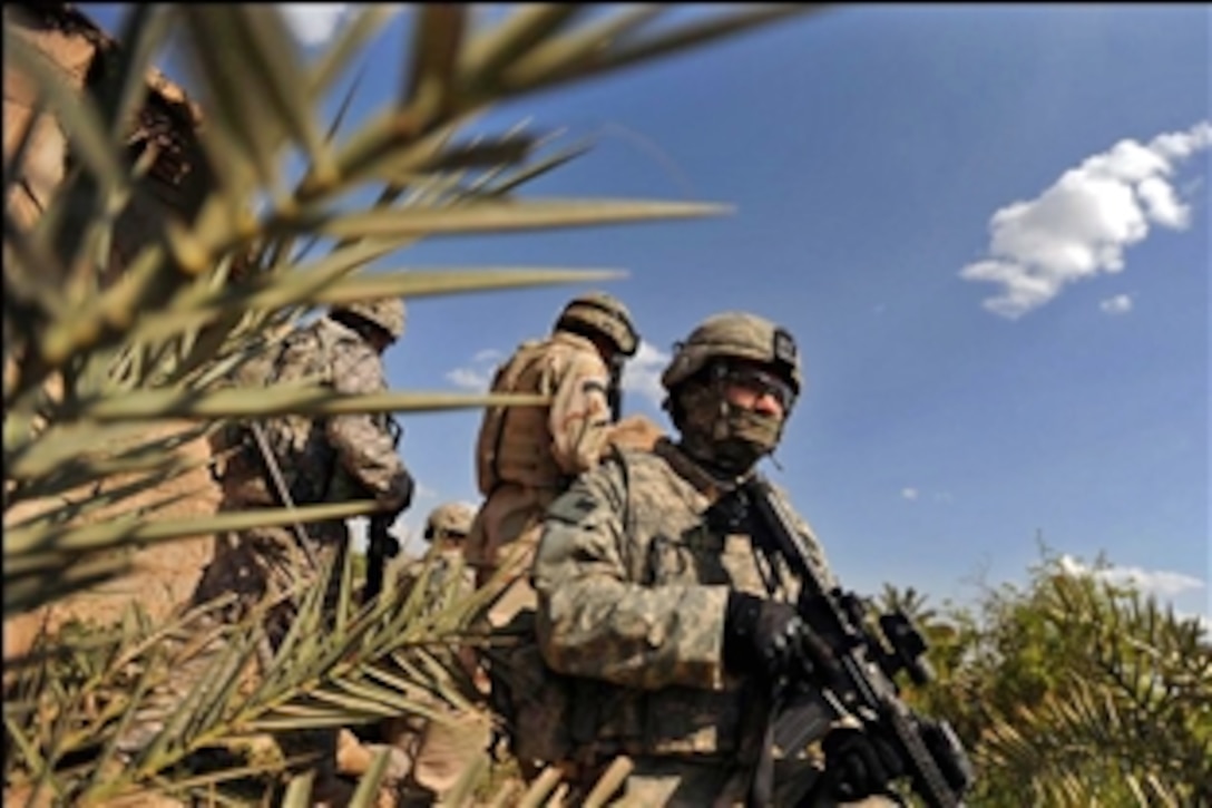 U.S. Army soldiers, with support from the Iraqi army, conduct a search in a field behind a chicken coop during a cordon and knock mission in search of weapons caches near the town of Sheik Hammad Village, Iraq, April 10, 2009. The soldiers are assigned to the 28th Infantry Division's Company A, 1st Battalion, 111th Infantry Regiment, 56th Stryker Brigade Combat Team, Pennsylvania National Guard, Multinational Division Baghdad.