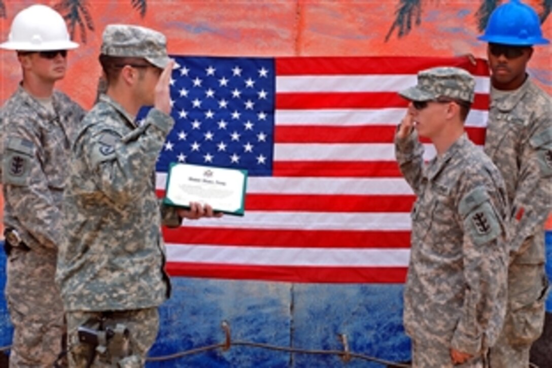 U.S. Army Spc. William Roberts recites the enlistment oath during his re-enlistment ceremony with Cpt. Kevin Arnett, company commander, in Mosul, Iraq, April 4, 2009. Roberts, an engineer with the 643rd Engineer Company, 84th Engineer Battalion, re-enlisted for six more years.