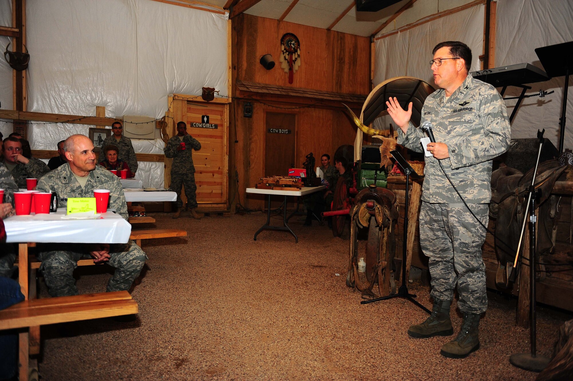 WEST TEXAS - Col. Bernard Mater, 317th Airlift Group commnader, introduces the guest speaker, Brig. Gen. Kenneth Merchant. The ball recoginiezed top performers in the group. (U.S. Air Force photo by Senior Airman Domonique Simmons)