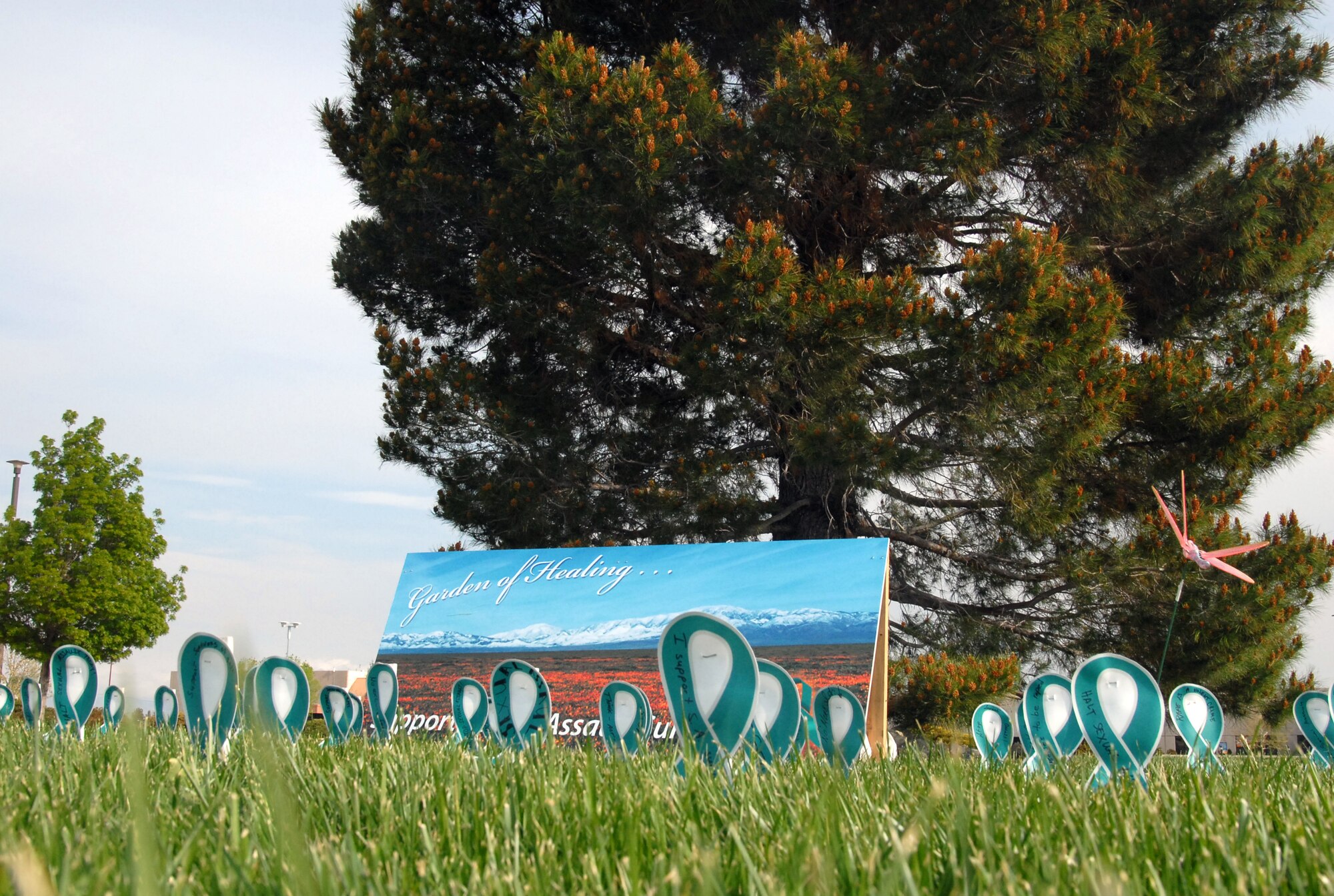 The Sexual Assault Response Coordinator set up a garden of healing as part of the SARC's Sexual Assault Awareness Month observance. The garden features awareness ribbons and a poster. It is located in front of the Base Exchange parking lot. (U.S. Air Force photo/Senior Airman Julius Delos Reyes)