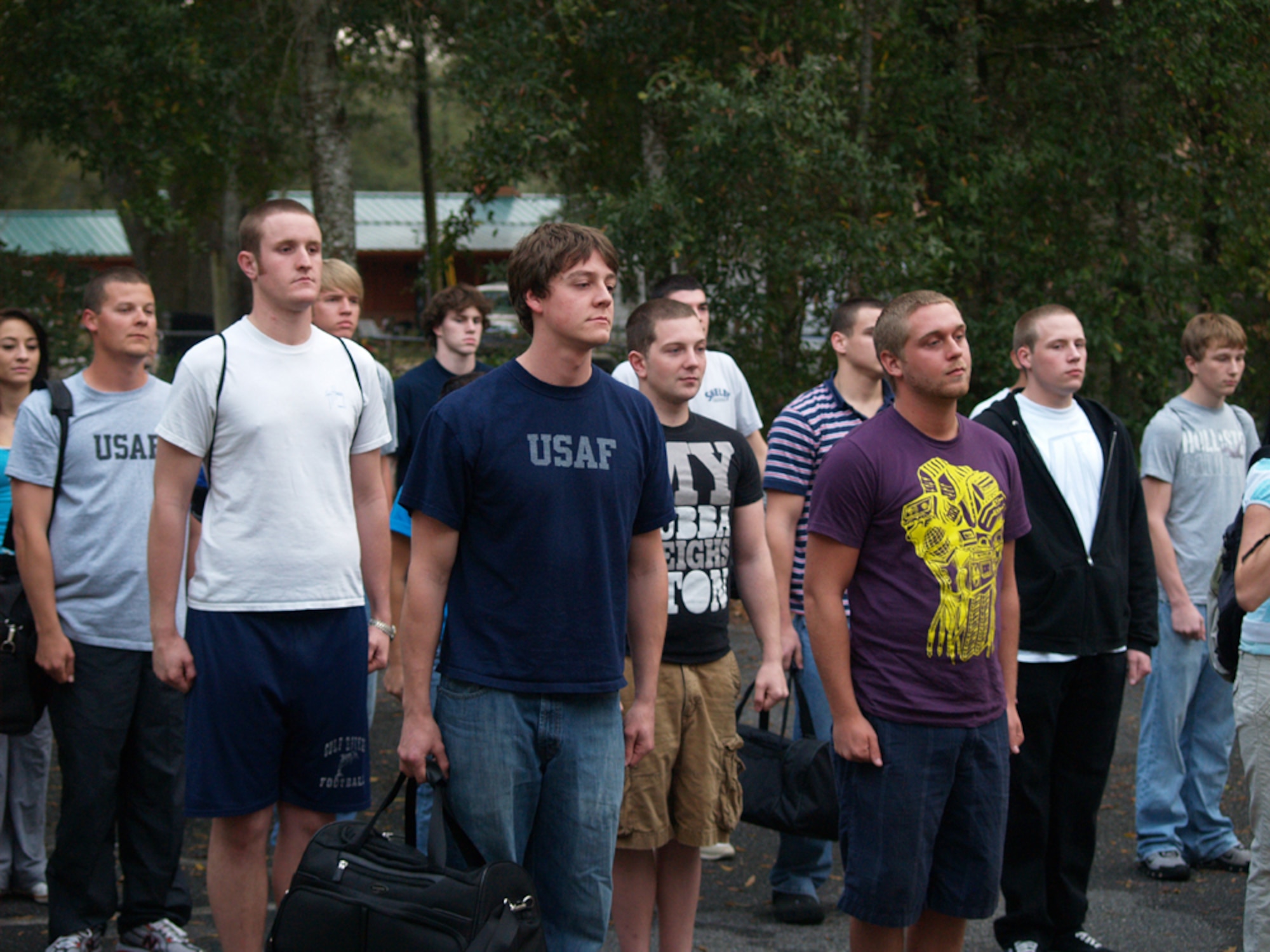 Recruits await instructions as part of a Basic Military Training orientation for members of the 331st Recruiting Squadron delayed entry program recently. The orientation is intended to mentally prepare the young men and women for what they can expect upon arrival at Lackland Air Force Base for BMT. (Photo courtesy Jeni Senter/Santa Rosa Press Gazette)