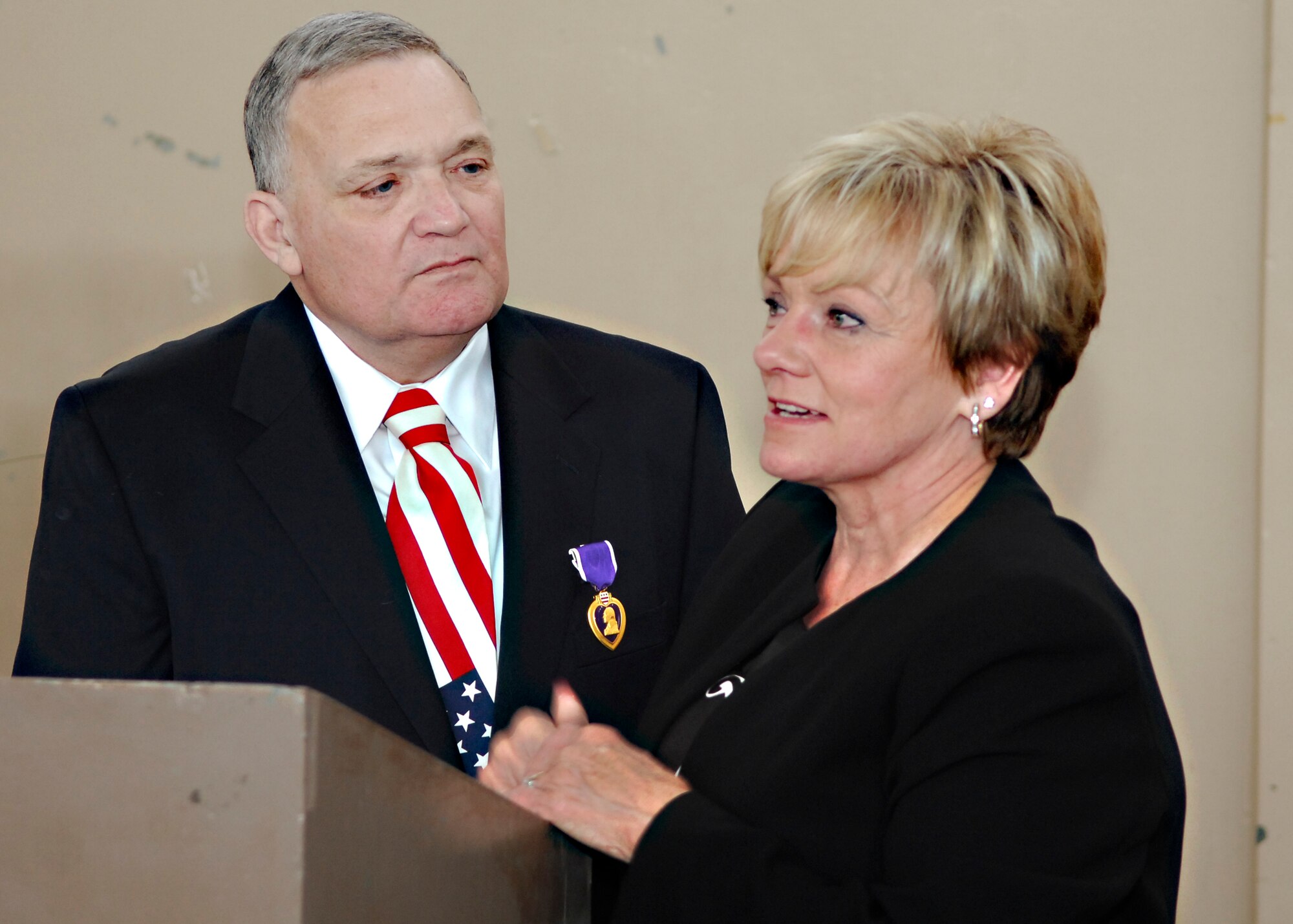 VISALIA, Calif. -- Air Force veteran Michael McKinney thanks his wife Bertha McKinney for her support and advocacy that led to his receipt of a Purple Heart April 13.  Mr. McKinney earned the medal when he was injured by a mortar attack during the Vietnam War. Due to paperwork issues, he was delayed receiving the medal for 41 years. (U.S. Air Force Photo/Airman 1st Class Heather R. Shaw)