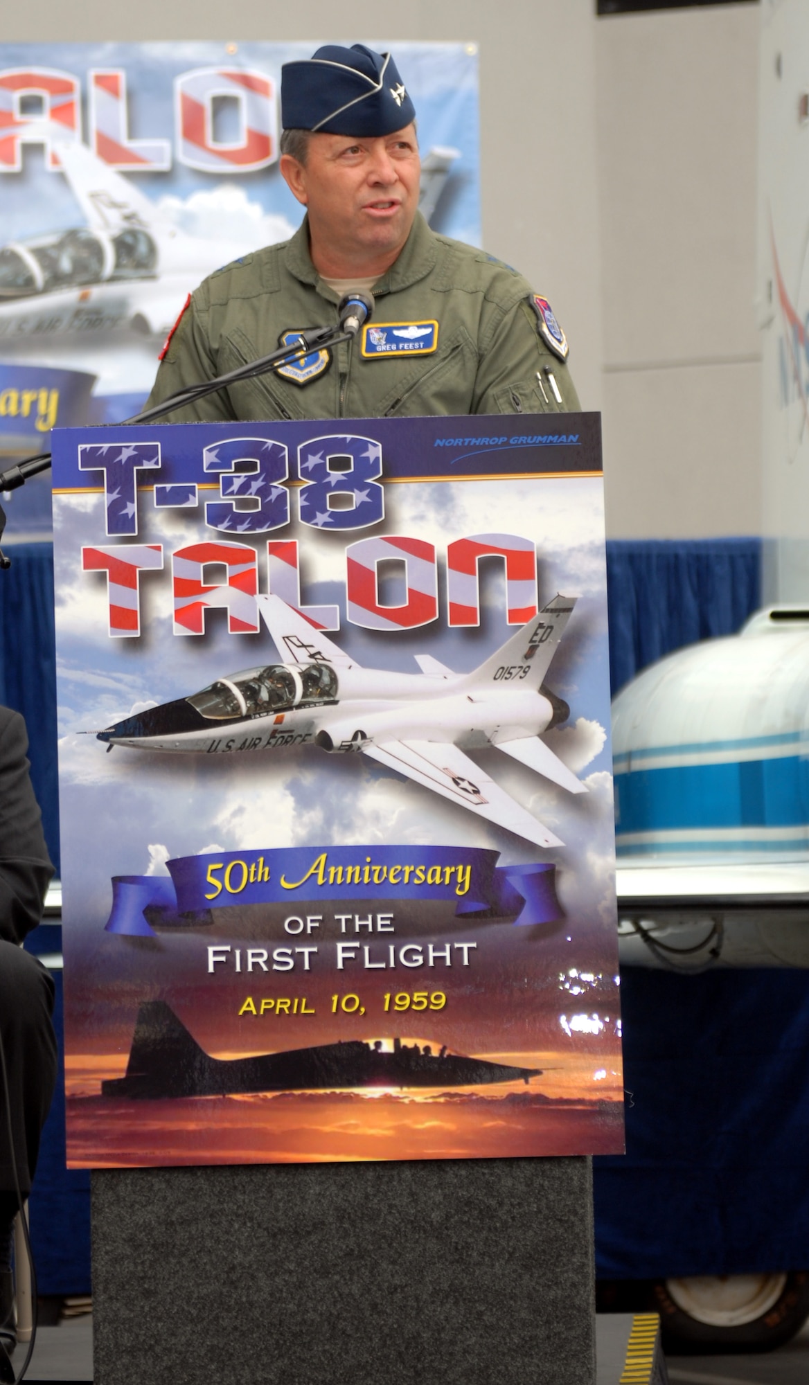 Maj. Gen. Greg Feest, 19th Air Force commander at Randolph Air Force Base, Texas, speaks during the commemoration of the T-38 Talon’s first flight April 10 at the Northrop Grumman facility in El Segundo, Calif. (U.S. Air Force photo by Michael Briggs)